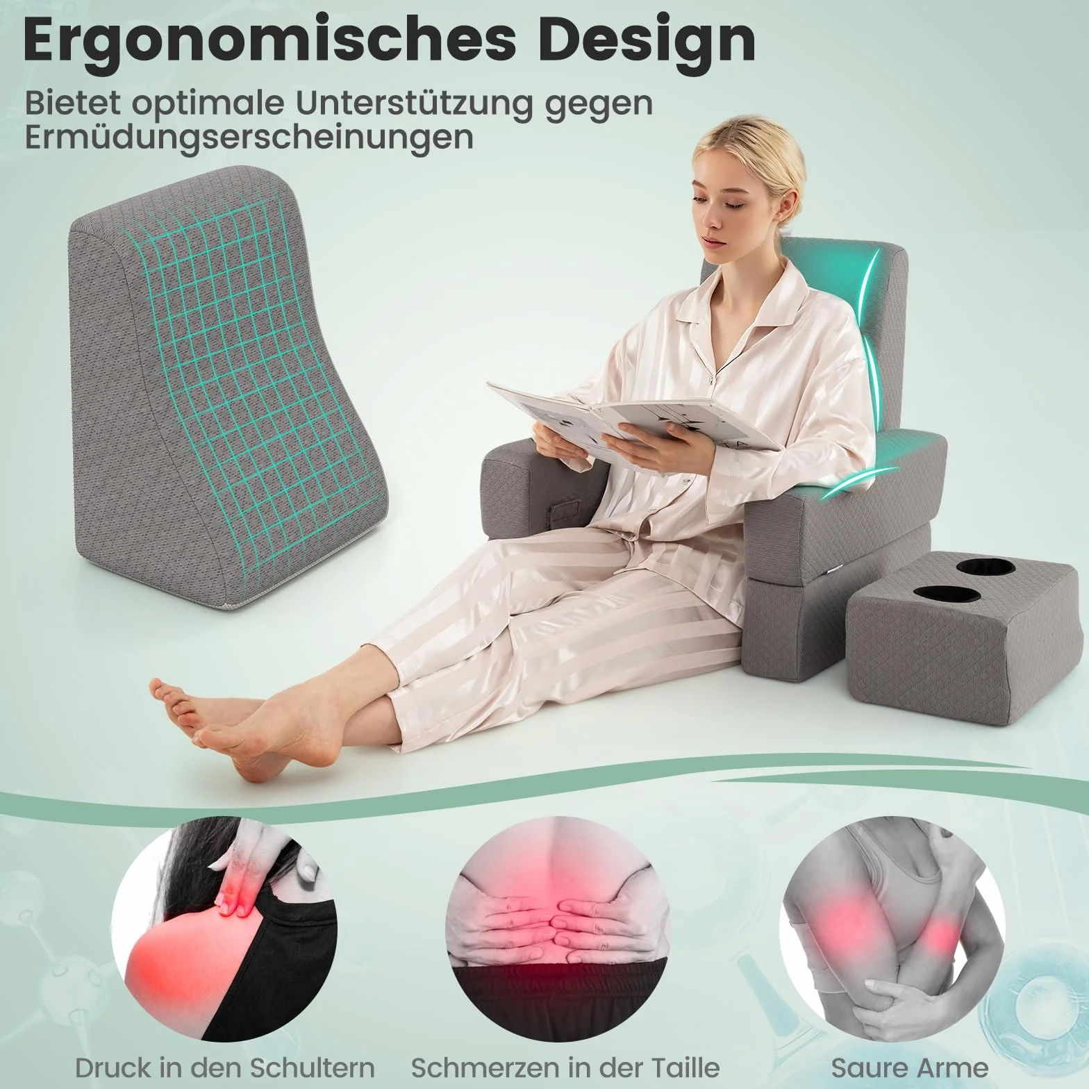 COSTWAY Poduszka do czytania na łóżko i sofę, poduszka na książki z uchwytem na napoje, ergonomiczna poduszka pod plecy z poszewką nadającą się do prania, poduszka na kolanach, swobodnie łączony