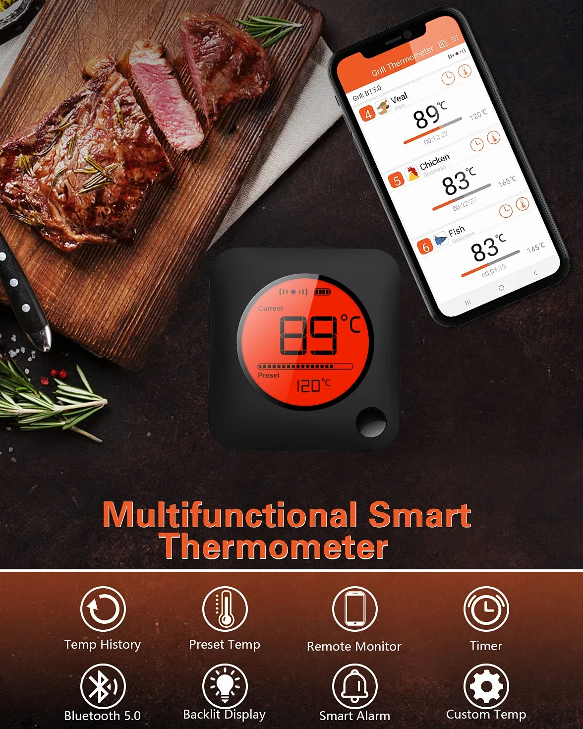 BFOUR termometr do grilla Bluetooth, cyfrowy termometr radiowy z 2 sondami, termometr do mięsa, termometr do pieczenia, 2 czujniki temperatury z alarmem, prezent do kuchni, do piekarnika, do mięsa i płynów