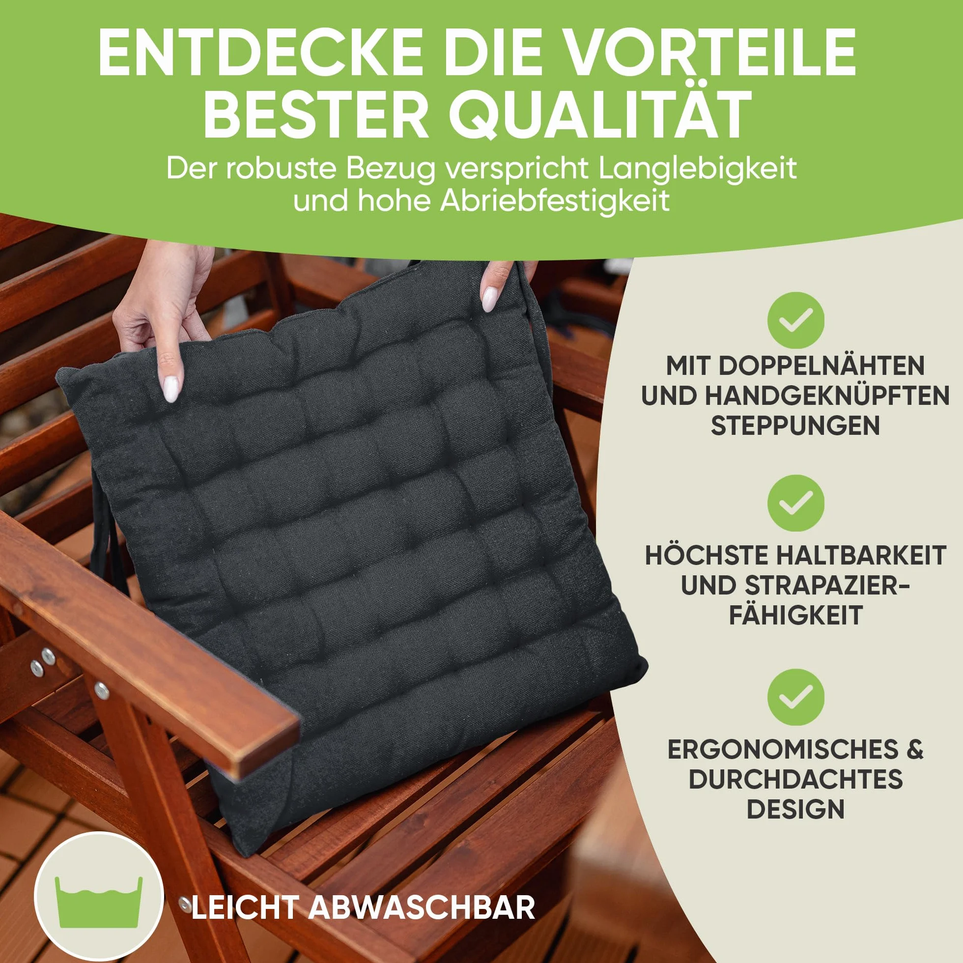 Gräfenstayn® Zestaw 4 bawełnianych poduszek do siedzenia 40 x 40 x 5 cm, z taśmami mocującymi do użytku wewnątrz i na zewnątrz, z znakiem Öko-Tex (antracytowy)