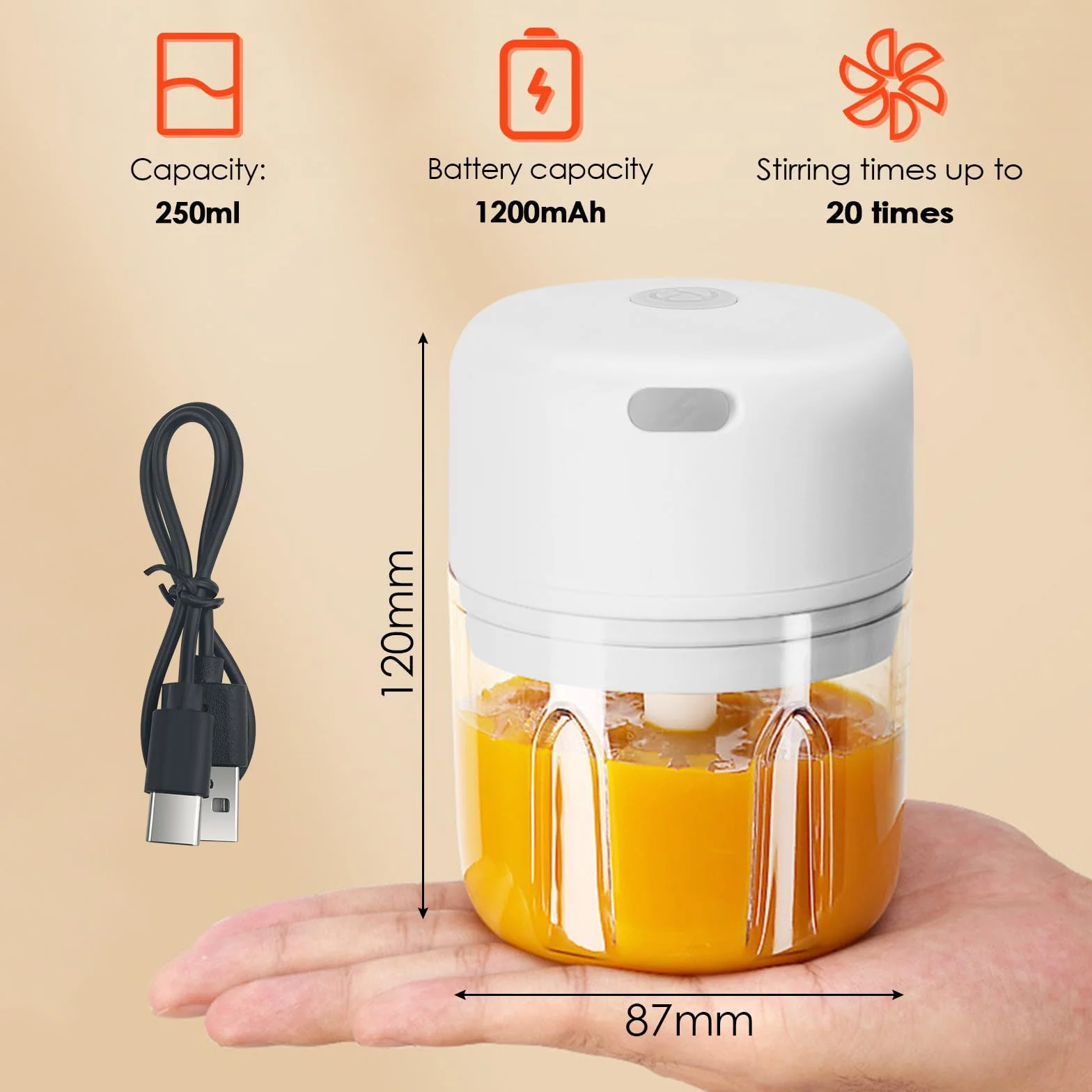 blender do cięcia czosnku kruszarka 250 mililitrów,kruszarka kuchenna do owoców, czosnku, warzyw i mięsa, z ładowaniem USB (białym)