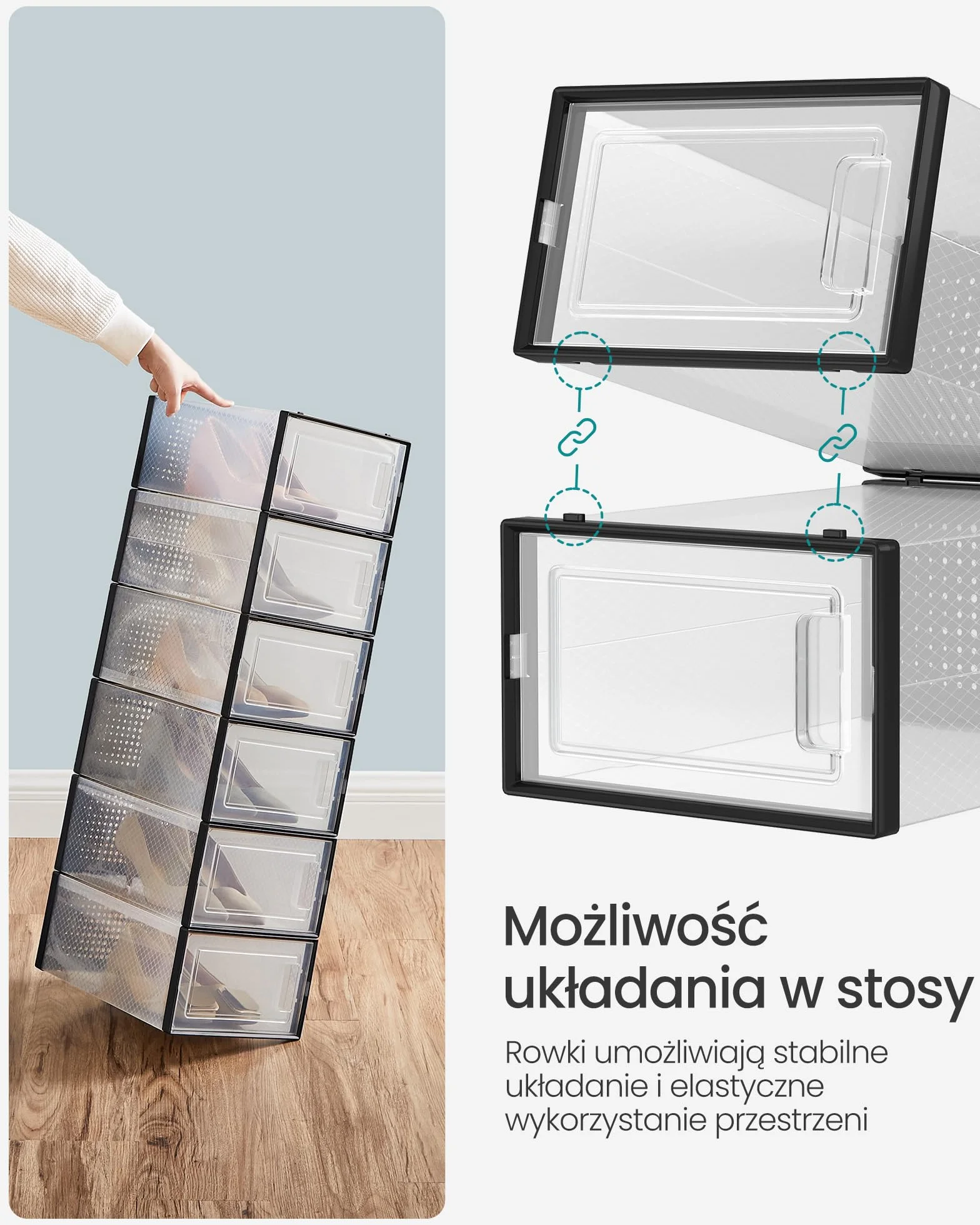 SONGMICS LSP18SBKV1 Pudełka na buty, organizery do przechowywania obuwia, sneakersów, do układania jedno na drugim, składane i uniwersalne, 18 szt., do rozmiaru 46, przezroczyste i czarne
