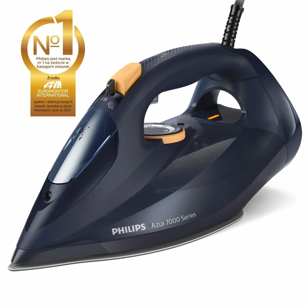 Philips Azur z Serii 7000 Żelazko Parowe - 3000 W, Strumień 55 g/min, Silne Uderzenie Pary Do 250 g, Pionowy Wyrzut Pary, Stopa SteamGlide Elite, Niebieski/Żółty (DST7060/20)