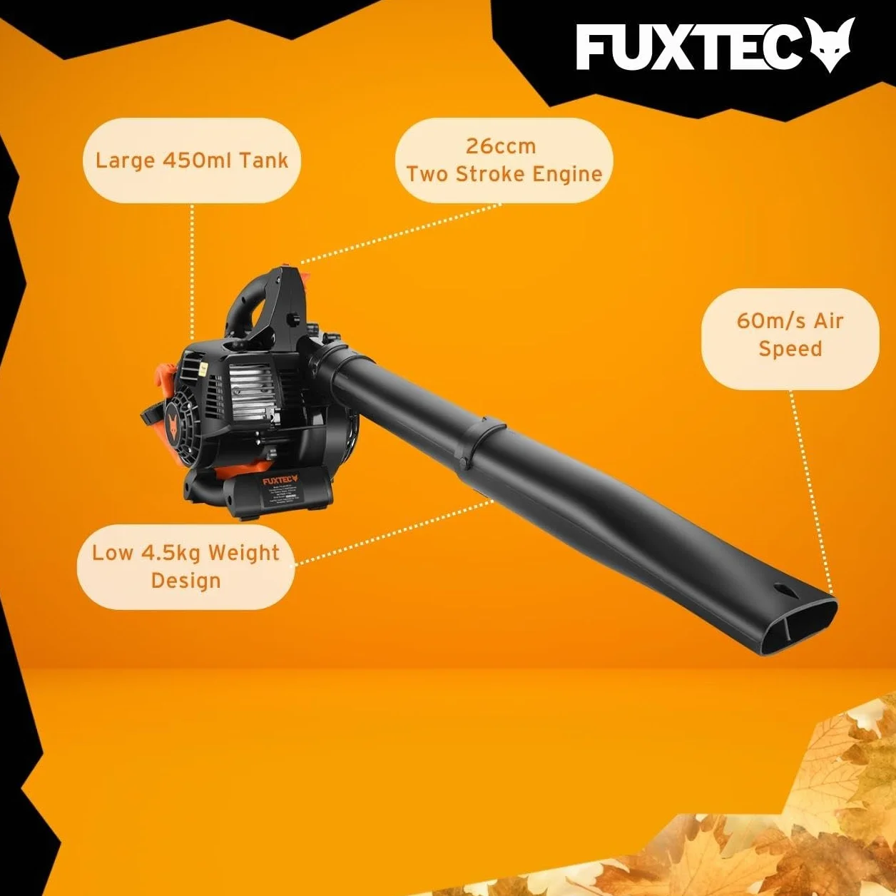 Spalinowa dmuchawa do lisci FUXTEC FX-LB126ECO - moc 1 KM / 0,7 kW - usuwa liscie z predkoscia powietrza 60 m/s - tylko 4,5 kg