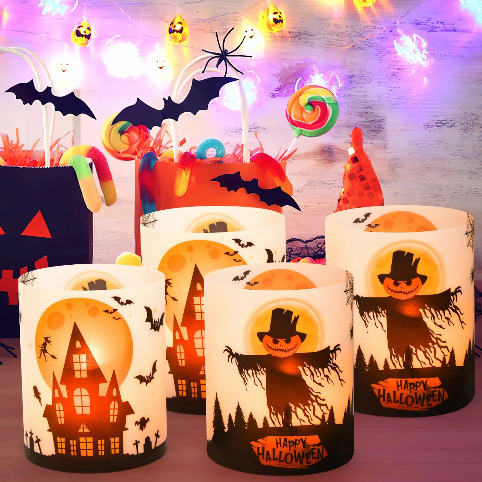 12 sztuk lampionów dekoracja stołu na Halloween, dekoracja stołu, nietoperze, czarownica, pajęczyny, zamki na Halloween, dekoracja świec, do wewnątrz i na zewnątrz