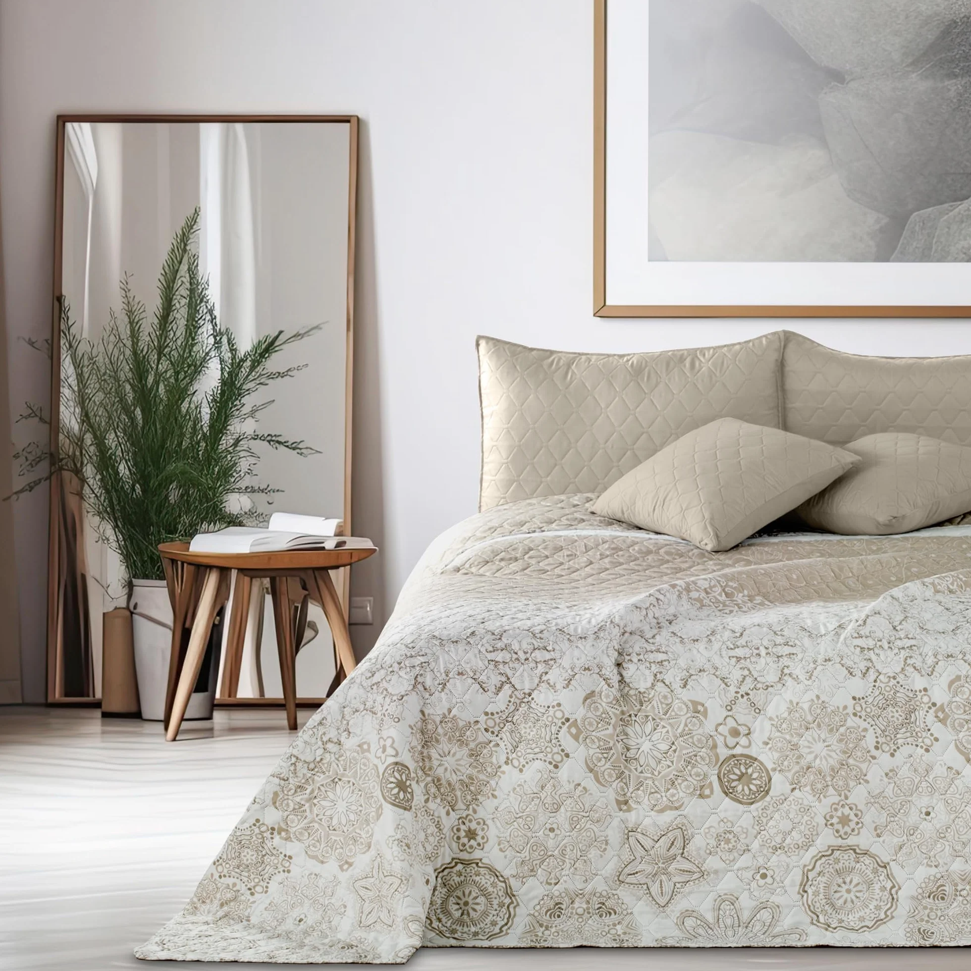 DecoKing Narzuta na łóżko 240 x 260 cm w abstrakcyjny wzór dwustronna Alhambra beżowy biały łatwa w pielęgnacji