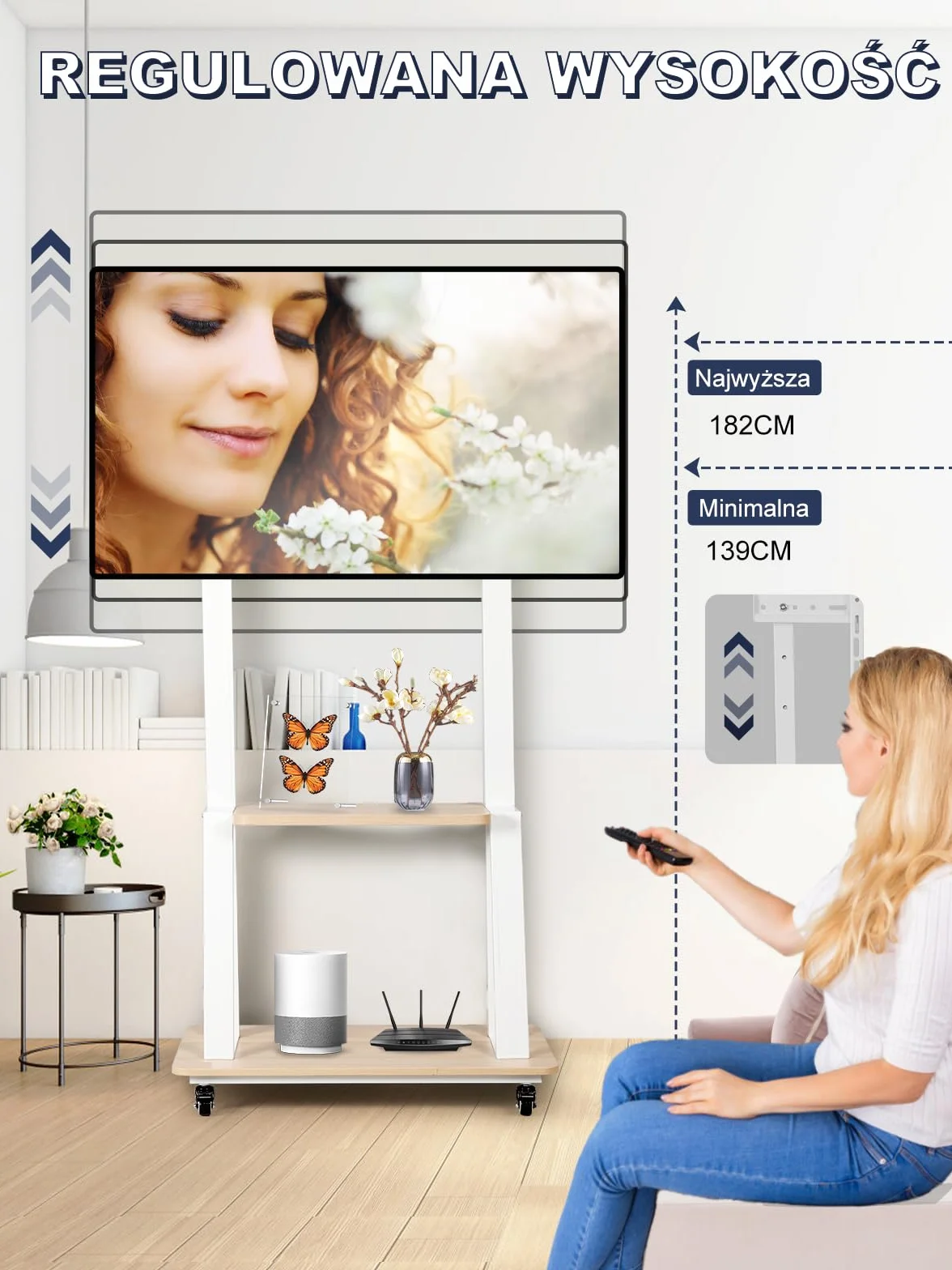 Mobilny stojak na telewizor, na kółkach, płaski / zakrzywiony stojak na telewizor z kółkami z regulacją wysokości, wytrzymały, przenośny stojak podłogowy z drewnianą półką, wytrzymuje obciążenie do 45