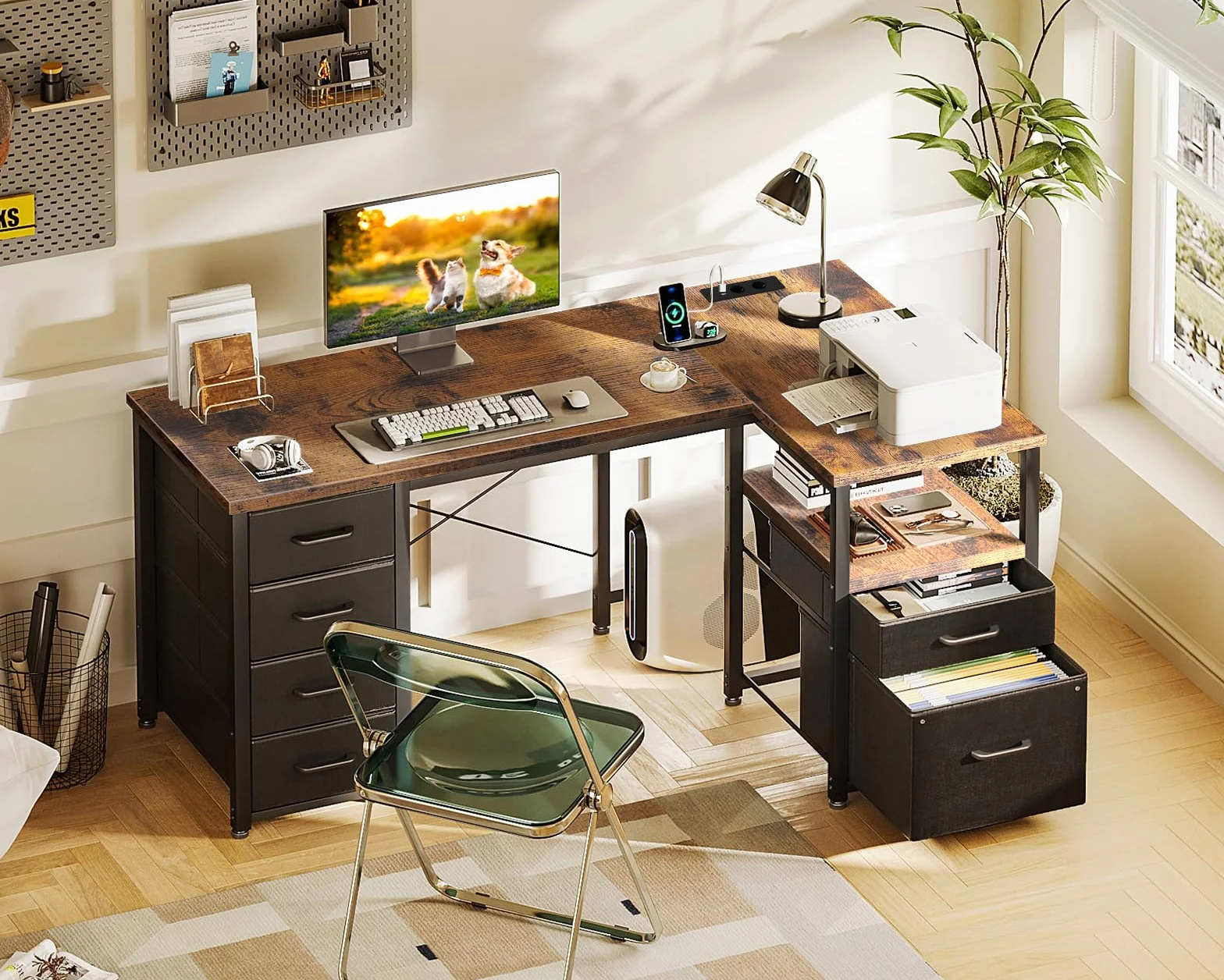 Coleshome Odwracalne Biurko Narożne z Szufladami z Tkaniny, 140x80cm Biurko w Kształcie L z Szufladą na Dokumenty, Biurko Komputerowe z Portem Ładowania USB i Gniazdkiem Elektrycznym (Brązowy)