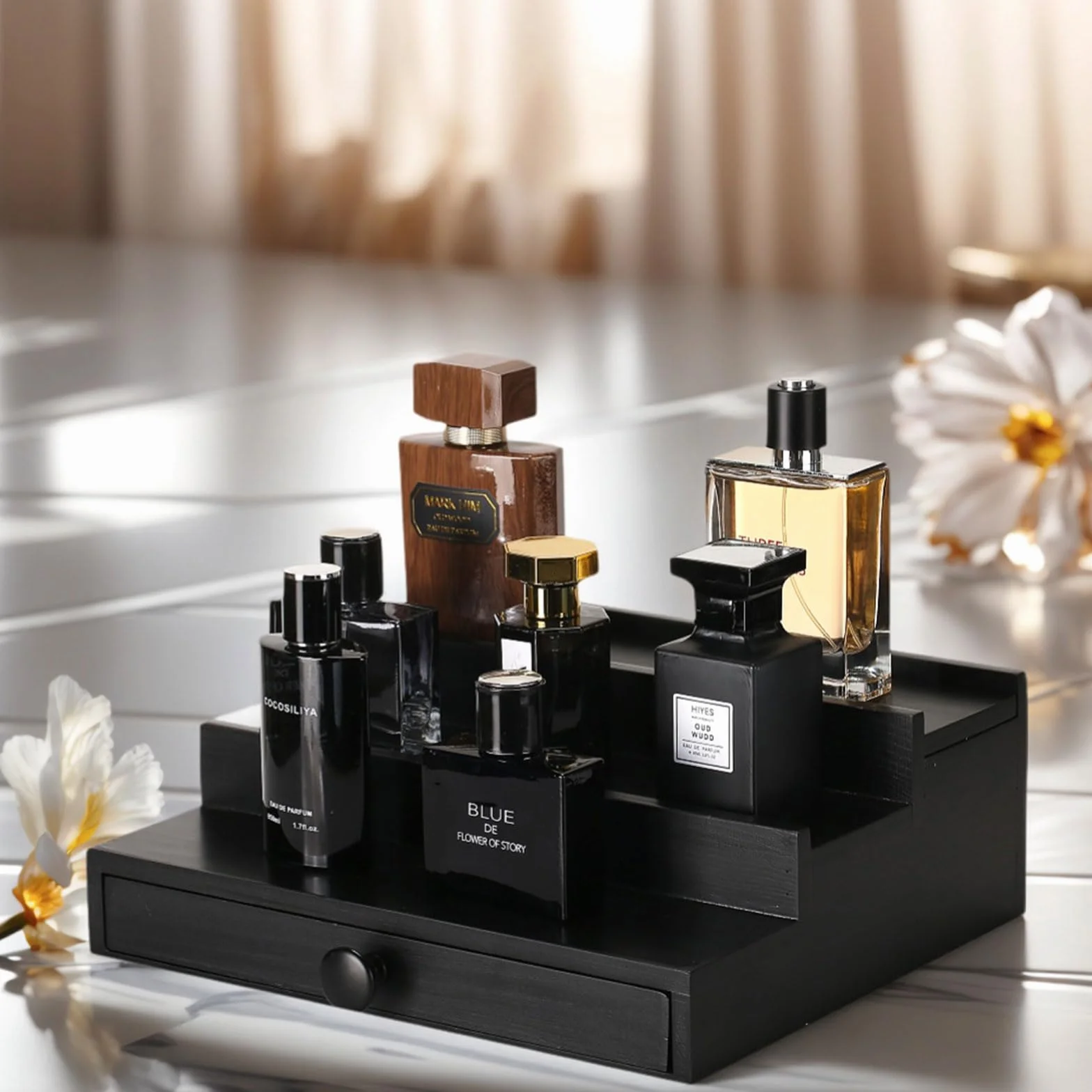 Drewniany organizer na perfumy 3-poziomowy stojak z szufladą i ukrytą przegródką
