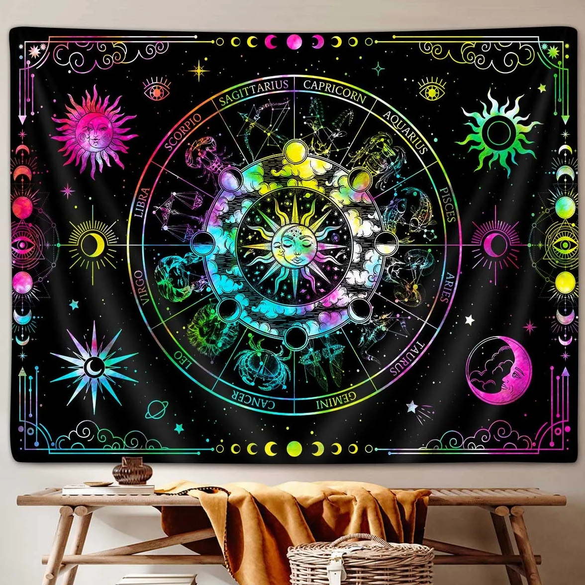 Zodiak astrologia czarne światło gobelin reaktywny UV, konstelacja słońce i księżyc gwiazdy czarne światło sztuka plakat dla mężczyzn pokój dekoracja sypialni, psychodeliczny blask w ciemności koc