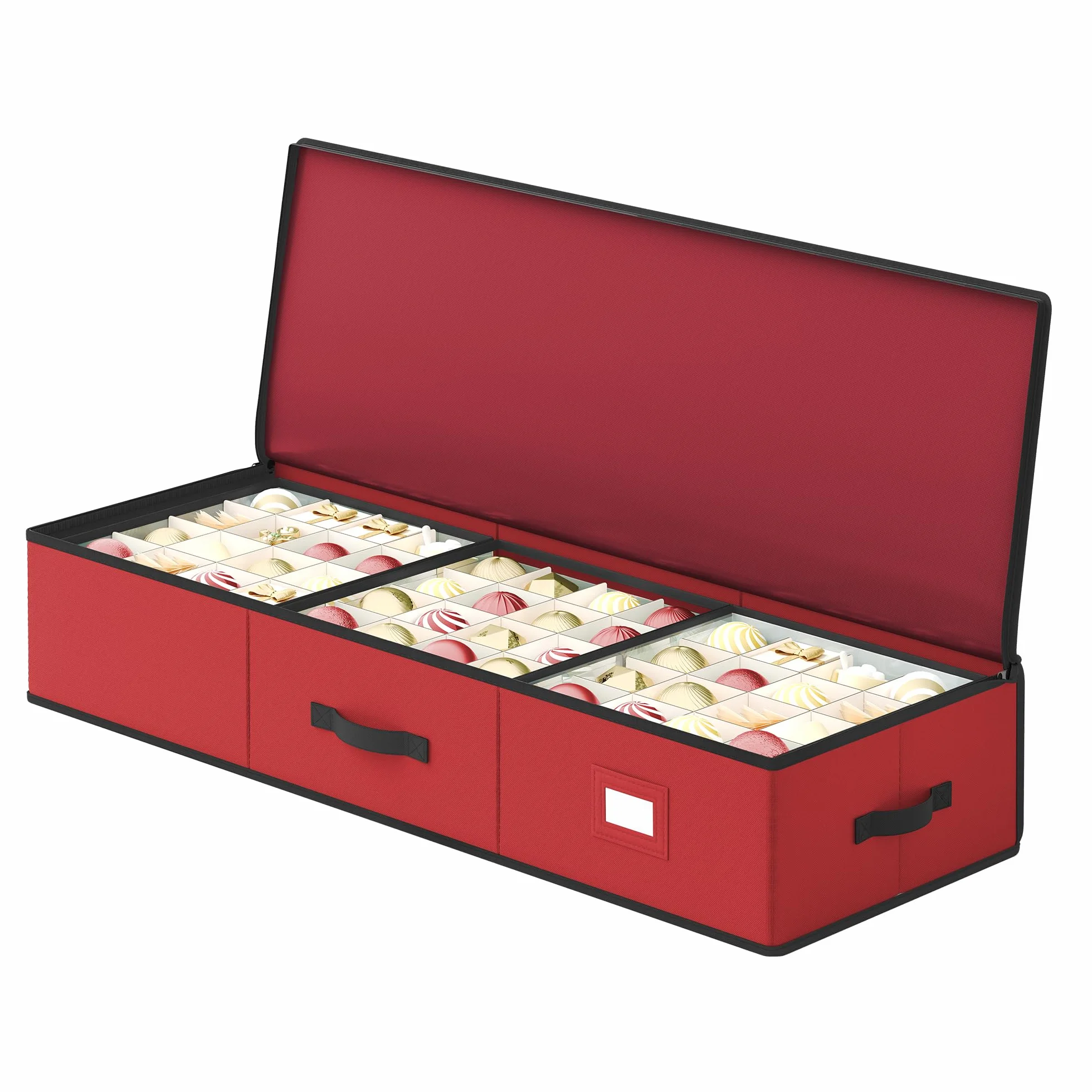 SONGMICS Pudełko na ozdoby świąteczne, 96 przegródek (po 7,6 cm każda), 96,5 x 33,5 x 17,5 cm, przegródki, tkanina Oxford, suwaki, kolor wiśniowo-czerwony RFB042R01