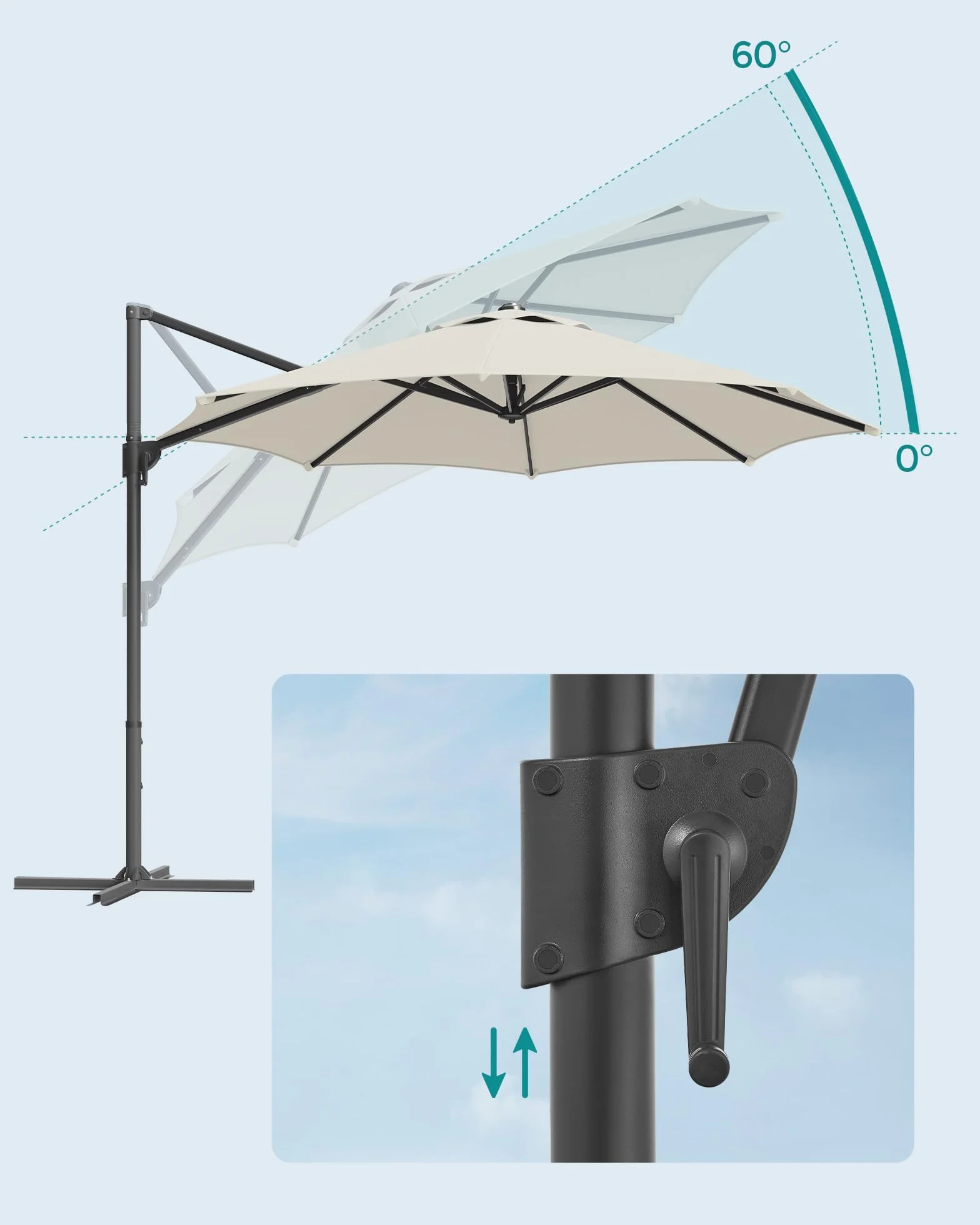 SONGMICS Parasol przeciwsłoneczny, 300 cm, UPF 50+, parasol ogrodowy, obracany o 360°, bezstopniowo regulowany kąt nachylenia, z korbą, stopka krzyżowa