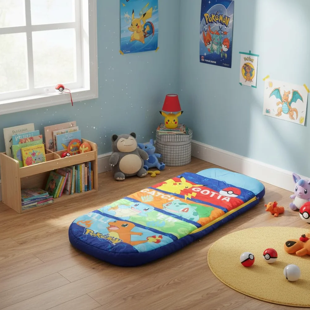 Character World Pokemon ReadyBed nadmuchiwane łóżko dmuchane i śpiwór z pompką, materac podróżny na nocowanie, kemping lub do użytku domowego