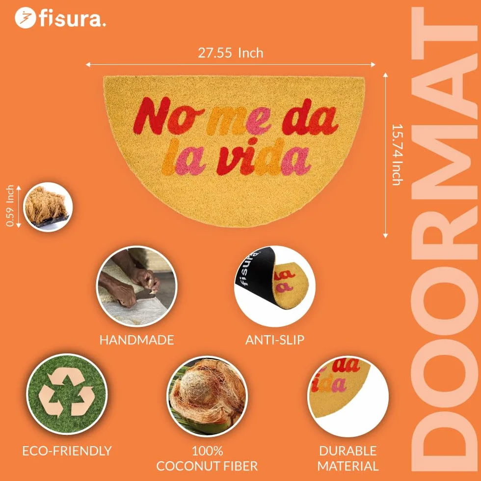 Fisura – Mata wejściowa “No me da la vida” z kokosa z antypoślizgową podstawą PVC. Beżowa, ręcznie malowana mata do drzwi z zabawnym napisem. Doskonała ozdoba do domu. 70 x 40 cm.