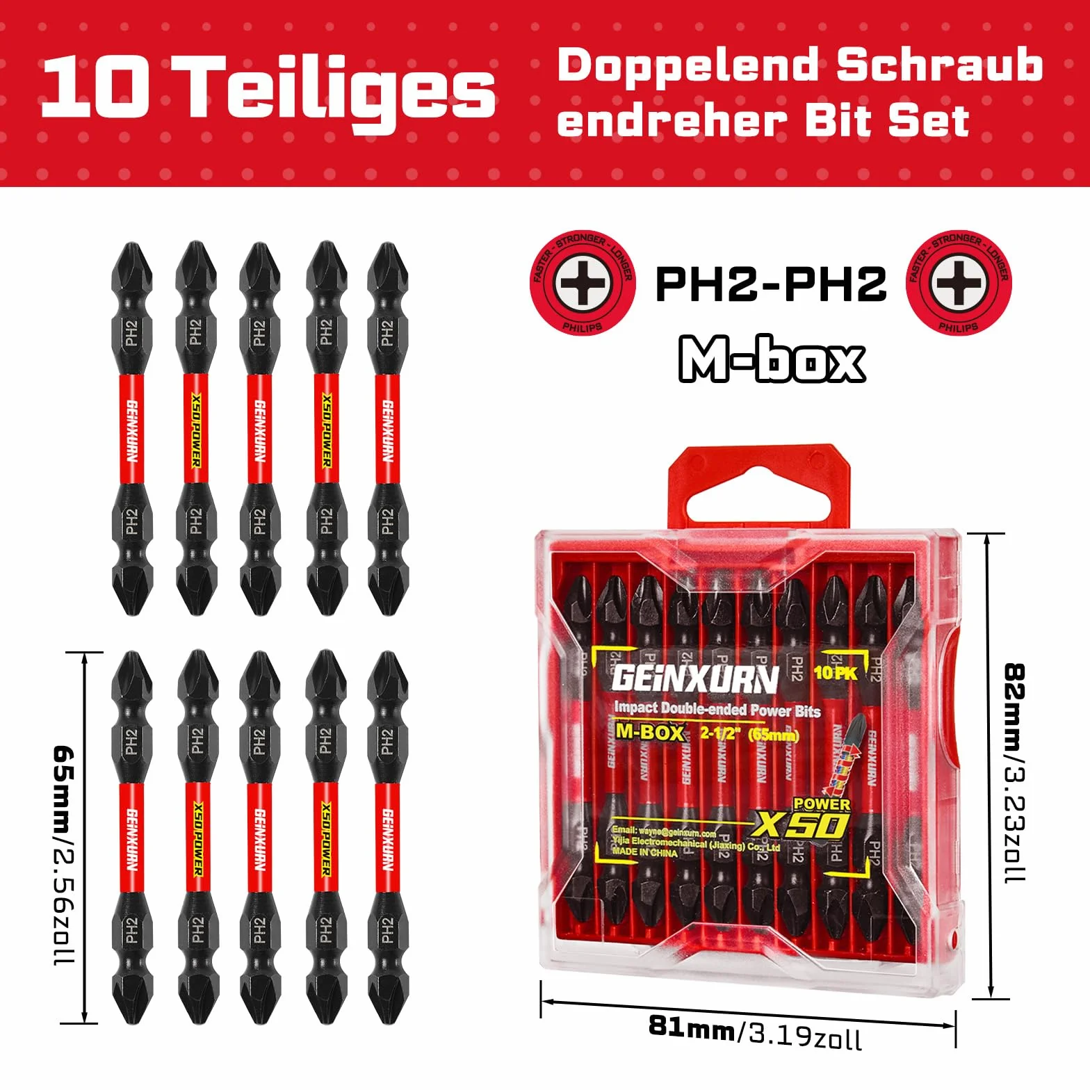GEINXURN 10-częściowy zestaw bitów PH2/PH2 z rowkiem krzyżowym, odporny na uderzenia, podwójny zestaw bitów 65 mm #2 Phillips, magnetyczny, ze stali S2, z pudełkiem do przechowywania