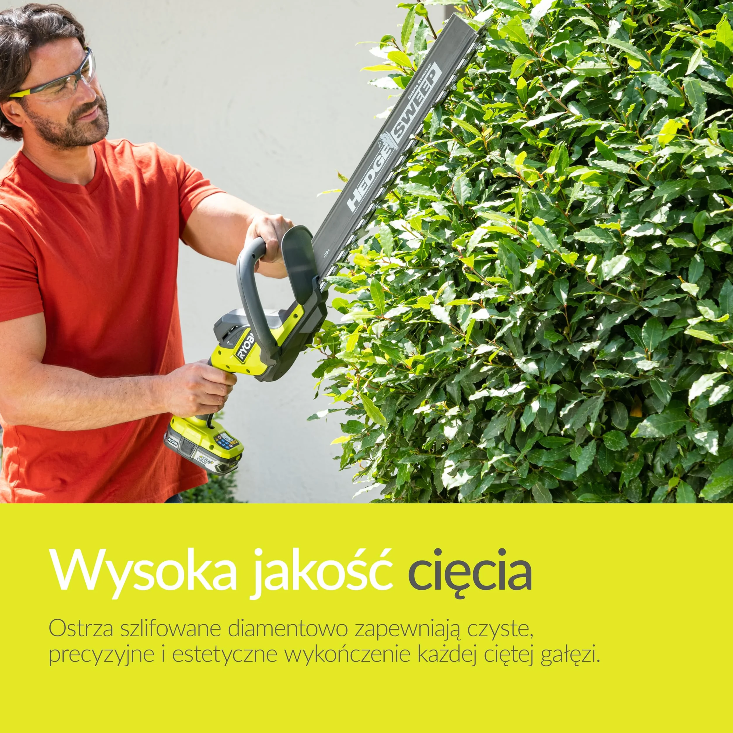 Ryobi Nożyce do Żywopłotu 18V RY18HT50A-0, Długość Ostrza 50 cm, Zakres Pracy 24 mm, 1350 obr/min, Ostrze Szlifowane Diamentowo, Wersja bez Akumulatora i Ładowarki