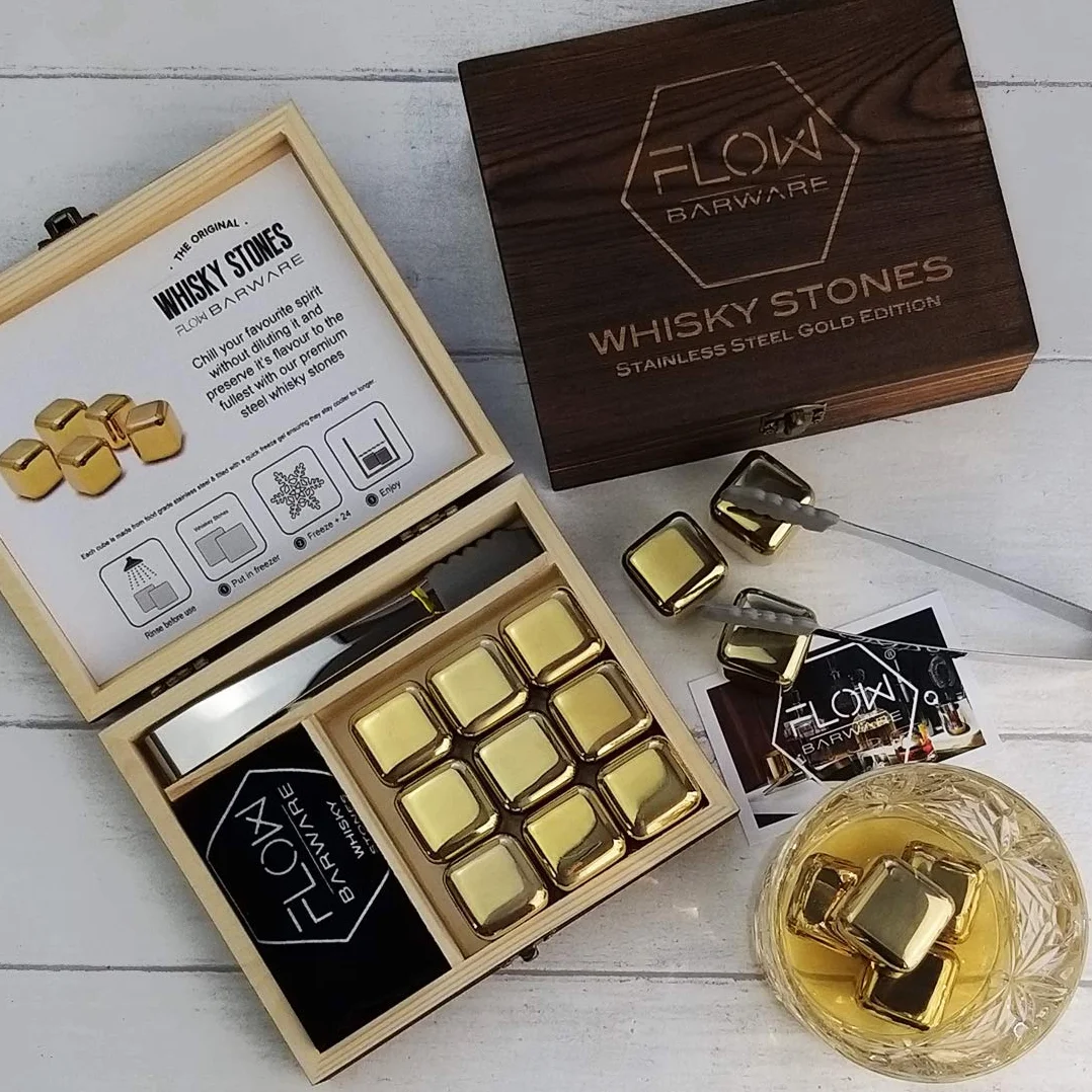 FLOW Barware Zestaw upominkowy do whisky 9 kamieni ze stali nierdzewnej drewniane pudełko