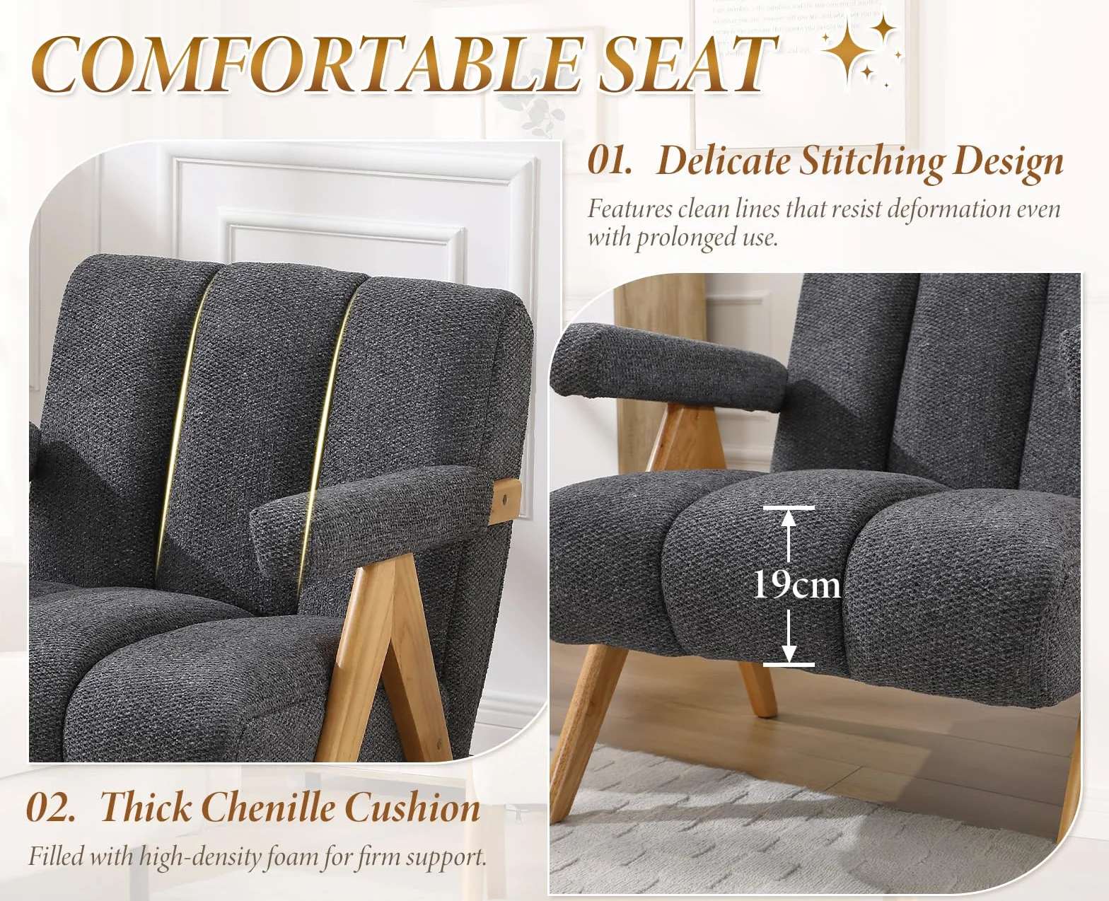 chairus Krzesło Modern Chenille do salonu, fotel akcentowy z litej drewnianej nóżkami, wygodne krzesło wypoczynkowe z podłokietnikami, tapicerowana kanapa jednoosobowa do sypialni, szary