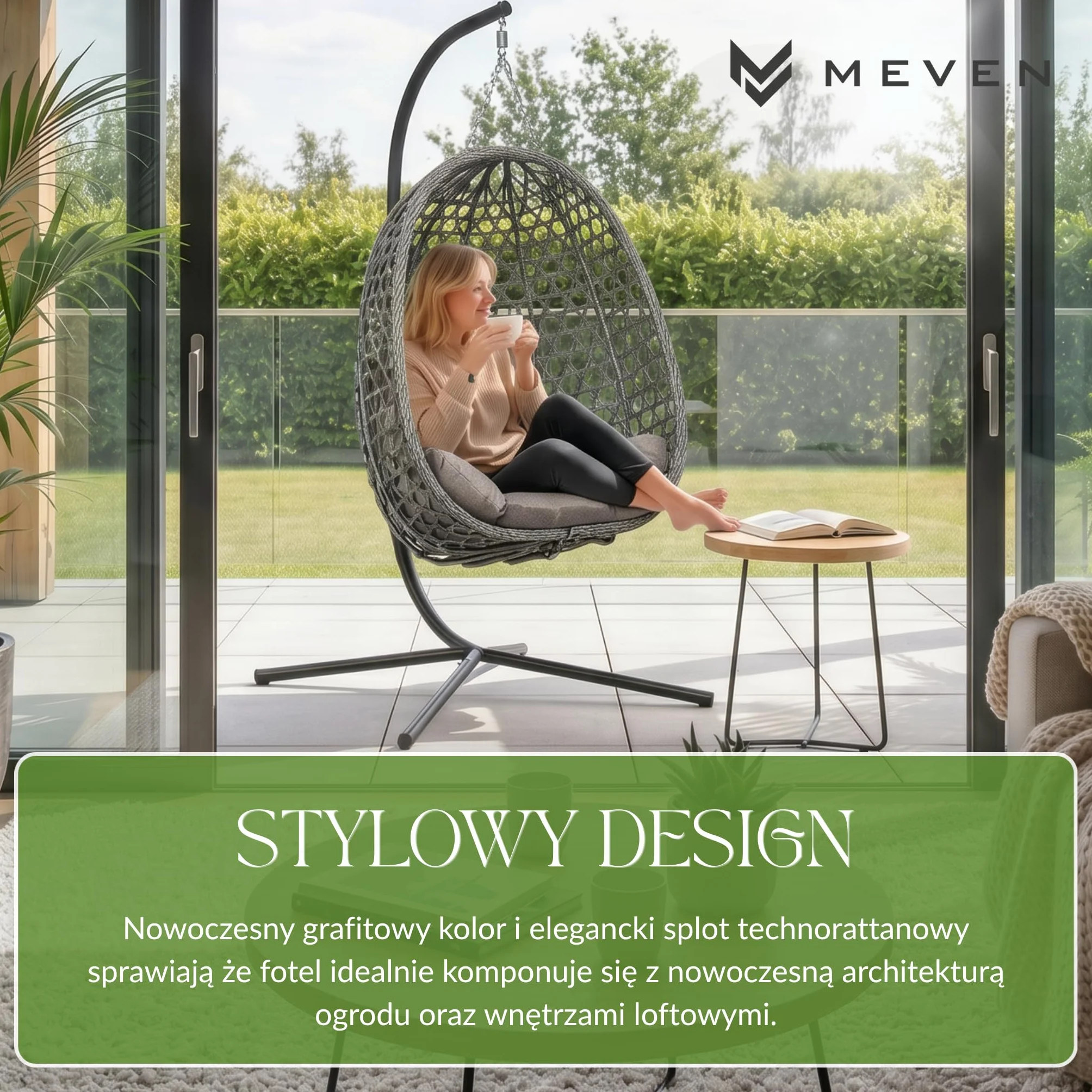 MEVEN AURA | Grafitowy Fotel Wiszący Ogrodowy Kokon na Stelażu | Kosz Technorattanowy Poduszki XXL Obciążenie 110kg | Nowoczesna Huśtawka na Taras Balkon i do Salonu Relaks Meble Ogrodowe Premium