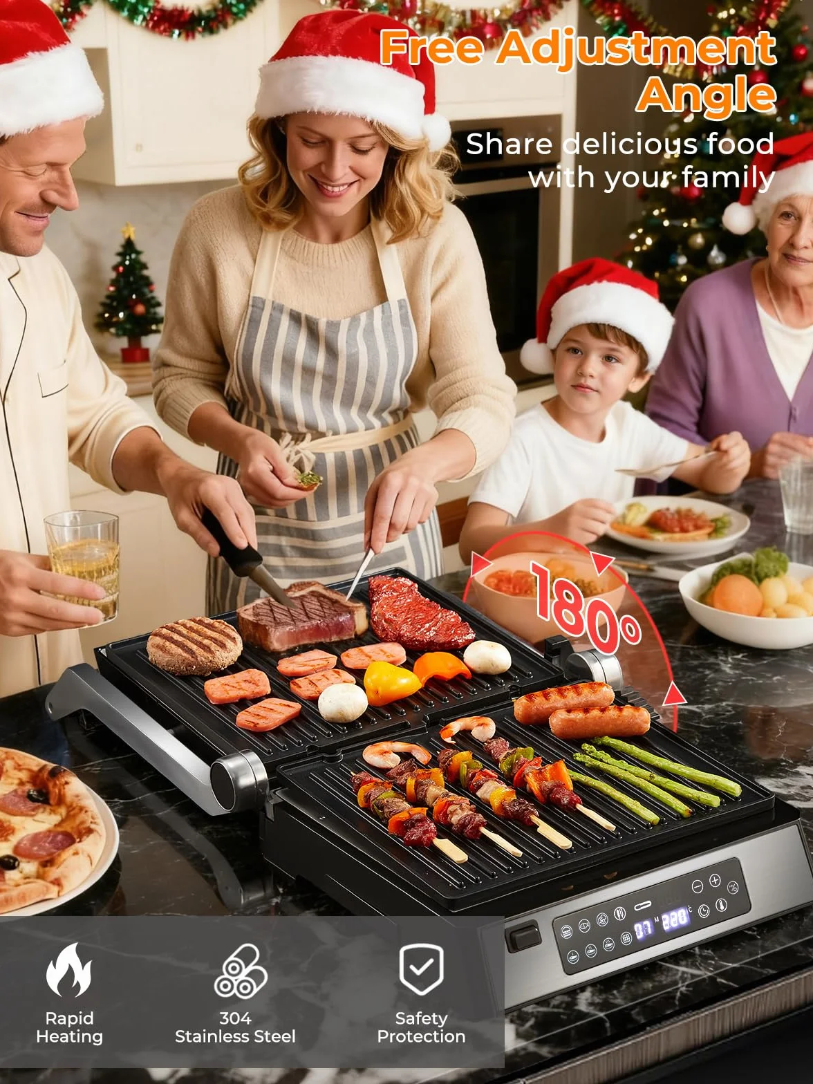 FOHERE Grill kontaktowy XL, wielofunkcyjny, opiekacz do kanapek i gofrownica 4 w 1, 2200 W, z 4 zdejmowanymi płytami z powłoką zapobiegającą przywieraniu, indywidualny czas i temperaturę, wskaźnik LED