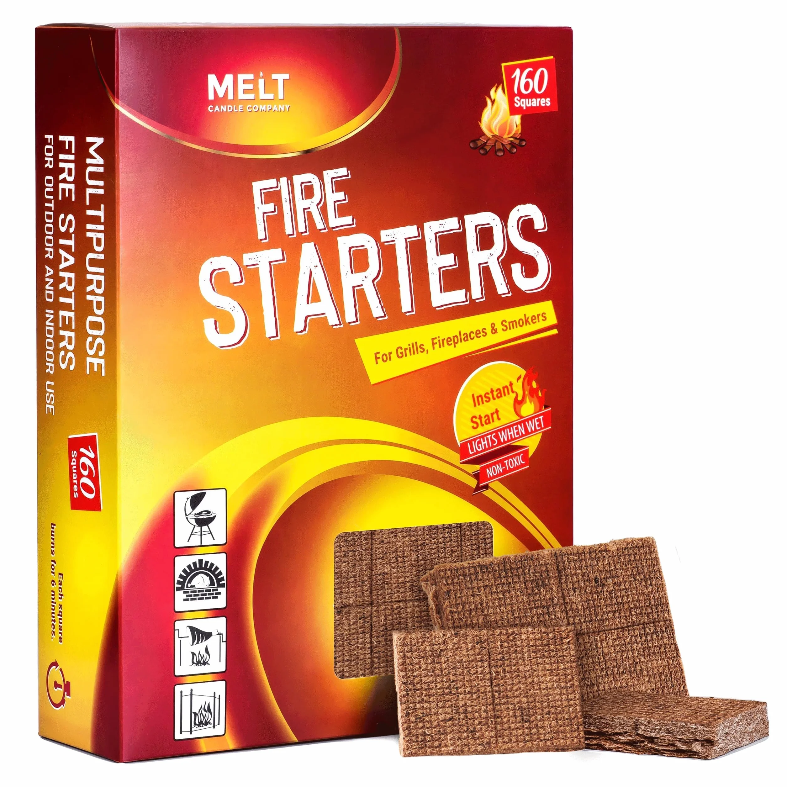 Ogień Starters Big Pack 160 kwadratów węgiel startowy do grilla, ogniska, kominka, paleniska, wędzarni, bez rozbłysków i smaku. Rozrusznik do pieca na drewno i pellet. Wodoodporne, wytrzymałe kwadraty