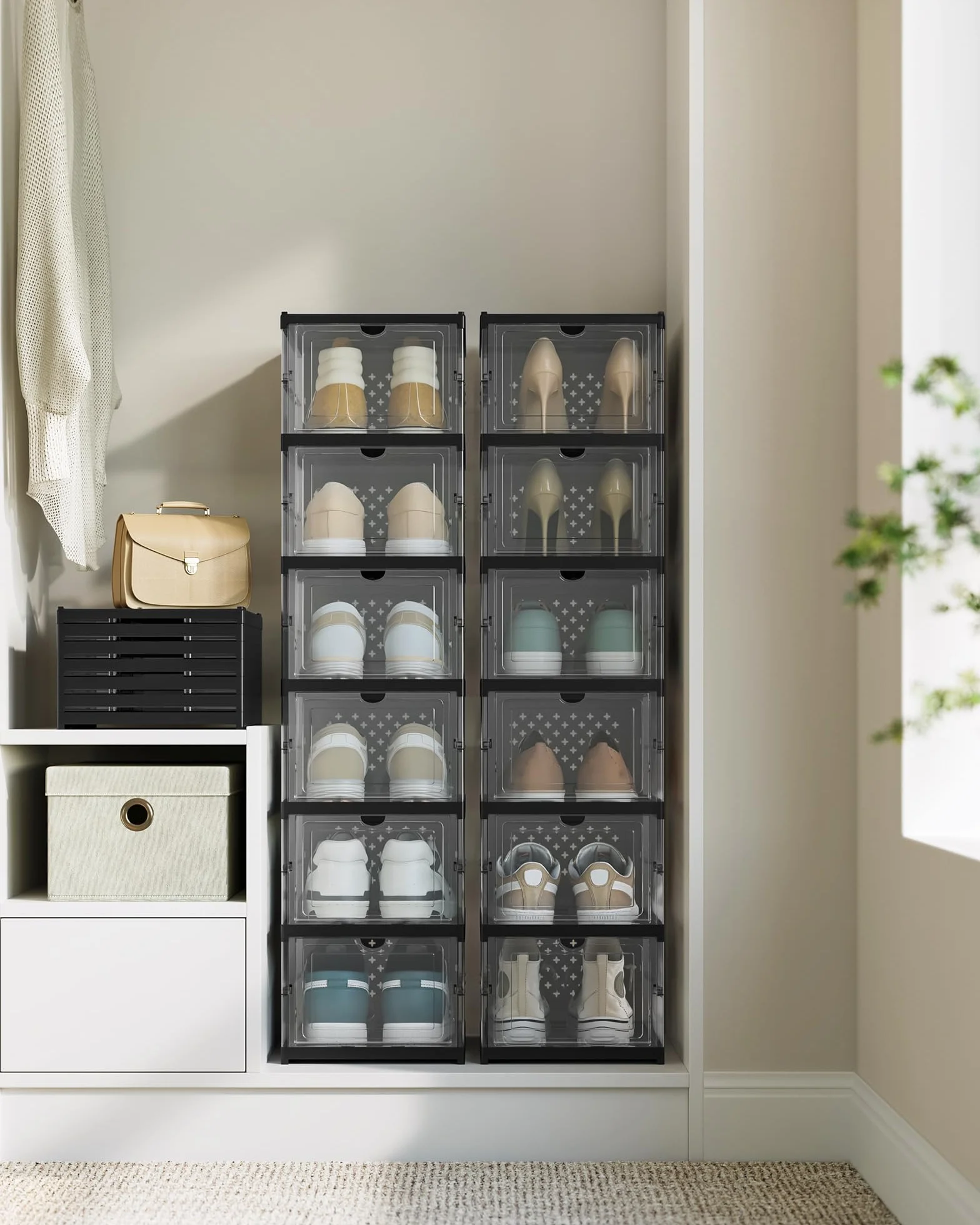 SONGMICS Szafka na buty, 2 sztuki, z 12 pudełkami na buty, zintegrowany organizer na buty, składana, przenośna, na buty do rozmiaru 46, montaż w 1 minutę, przezroczysty tusz czarny LSP206B01