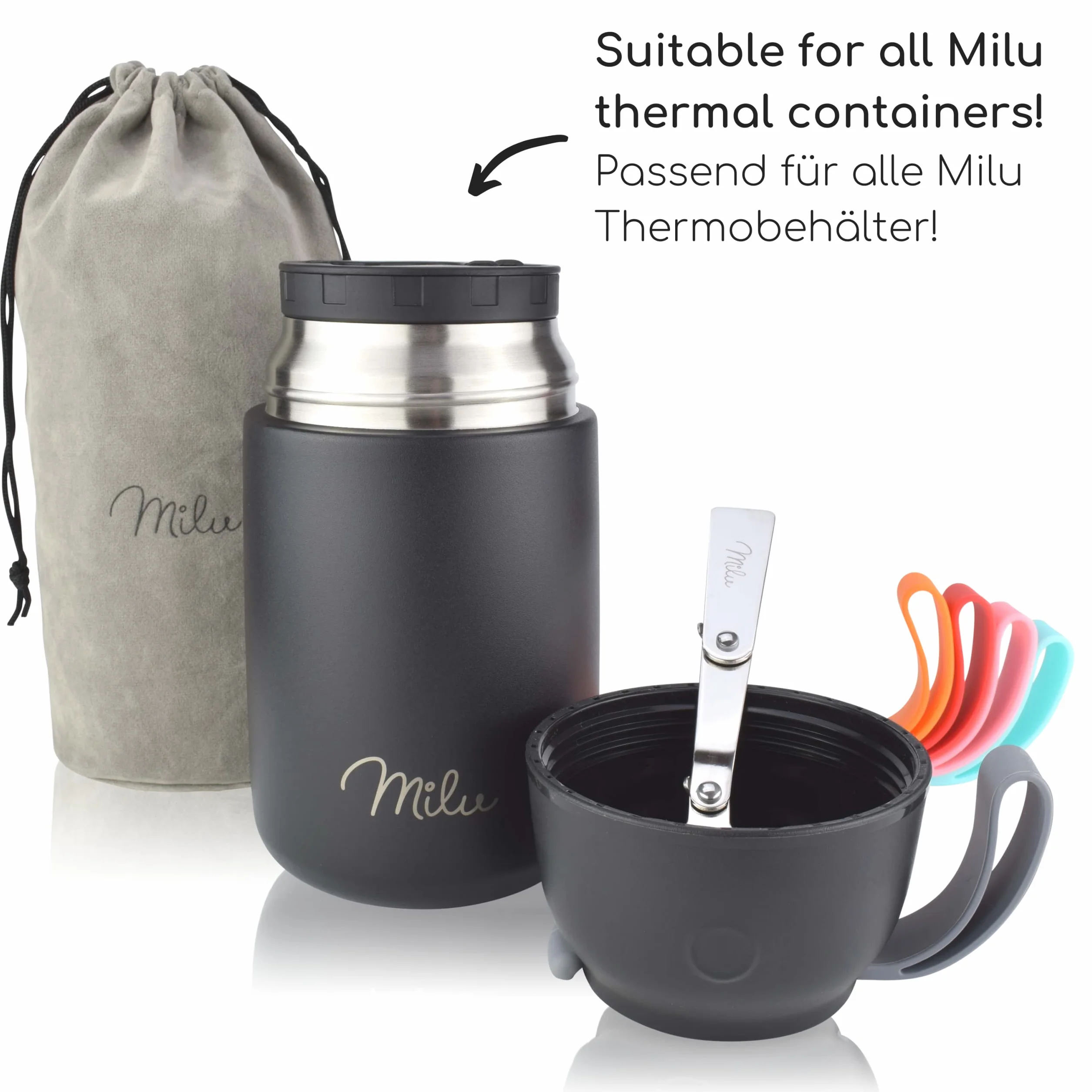 Milu Zapasowa pokrywka do pojemnika termicznego 450 ml 650 ml 800 ml - część zamienna - kolor czarny pokrywka wewnętrzna z uszczelką i łyżeczką – nie zawiera BPA