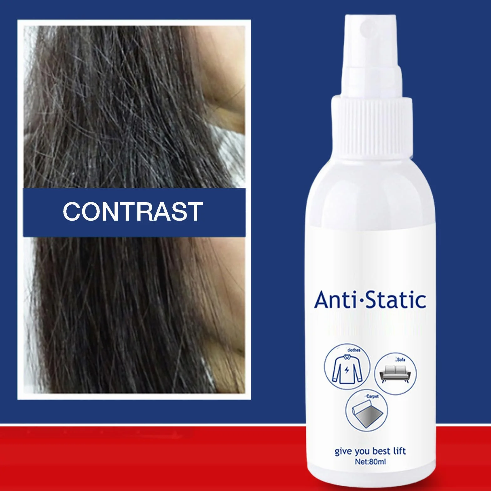 Antystatyczny spray, 80 ml, natychmiastowe usuwanie statycznego ładowania włosów i tekstyliów, natychmiastowe działanie i długotrwałe działanie, płyn do płukania, pielęgnacja ubrań i dywanów