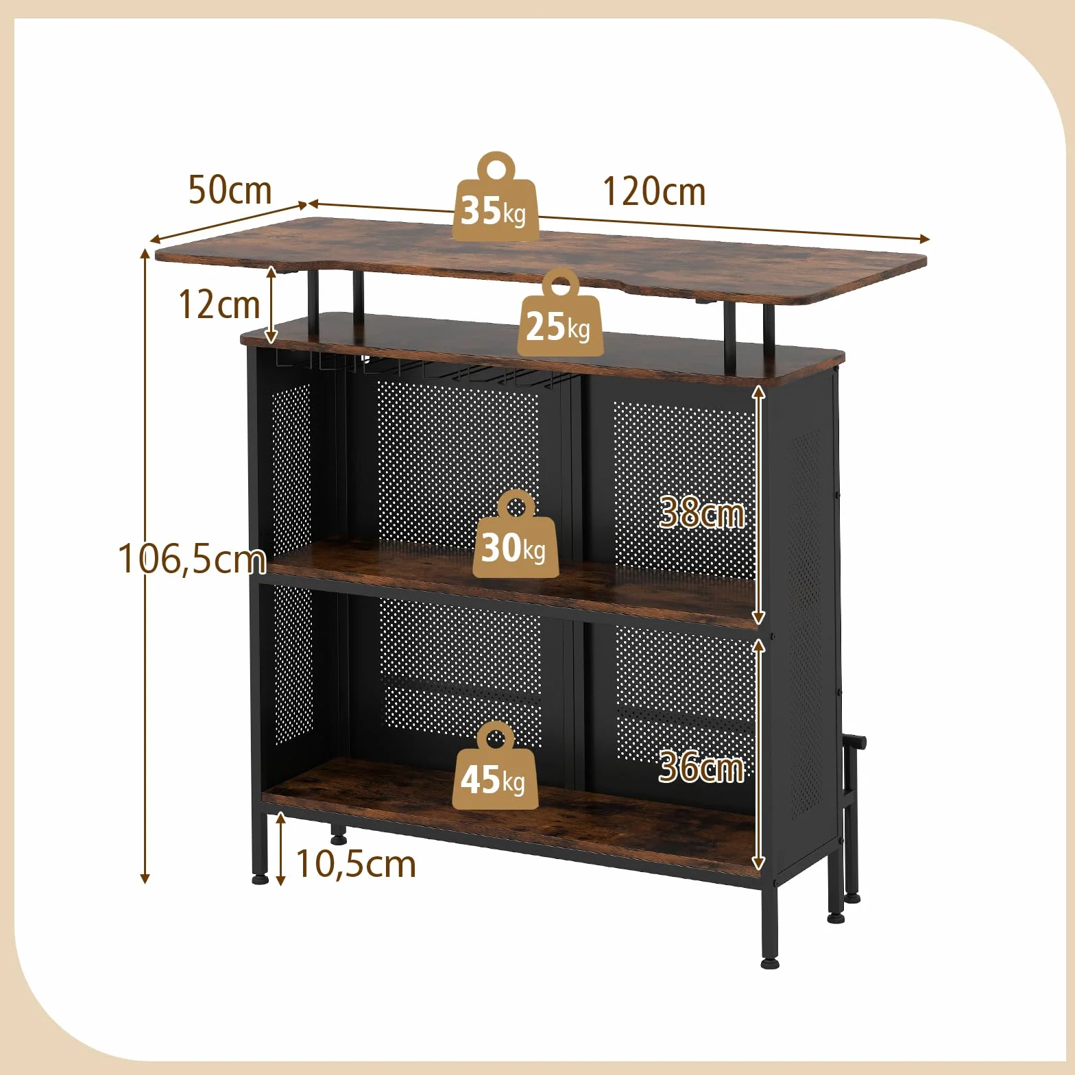 COSTWAY Stół barowy do kuchni, blat kuchenny z miejscem do przechowywania i podnóżkiem, blat z metalową ramą, regulowane nóżki, 120 x 50 x 106,5 cm, czarny, prostokątny