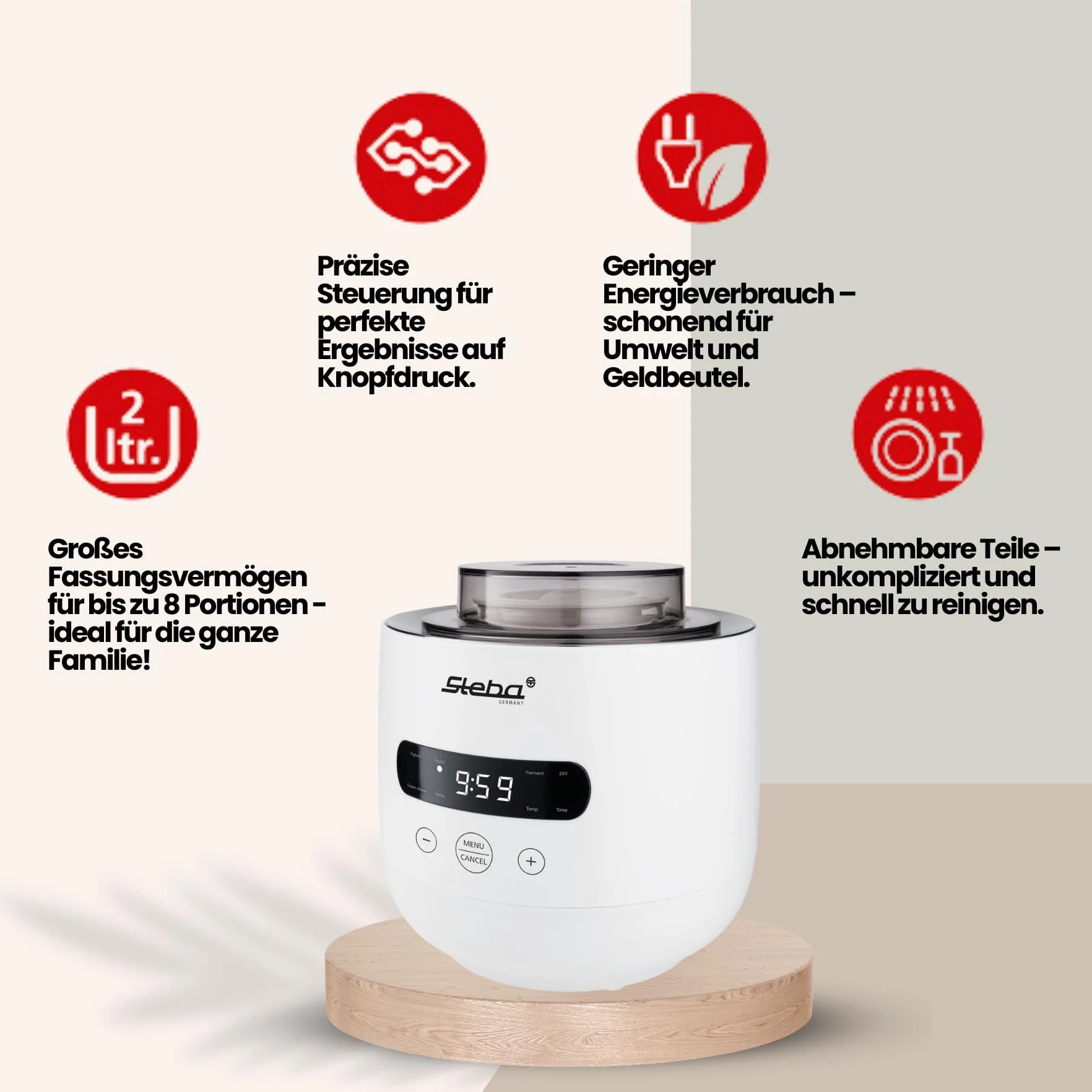Steba JM 4 urządzenie do robienia jogurtów, 1 szklanka do jogurtu o pojemności 2 l, 1 szklanka do jogurtu o pojemności 1,3 l, 5 automatycznych programów, łatwe czyszczenie,