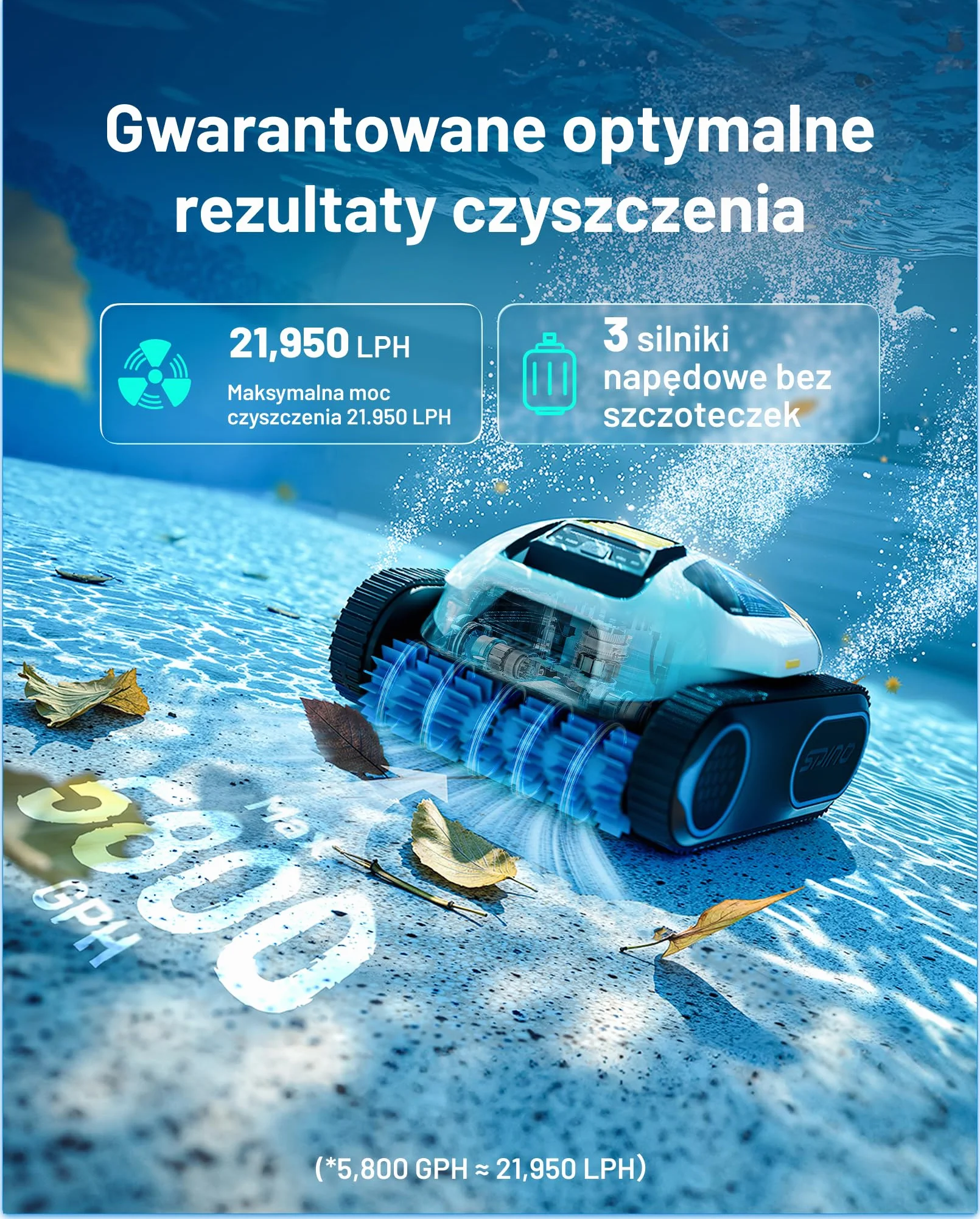 Bezprzewodowy robot basenowy SPINO E1, czas pracy 210 minut, wydajność 21950 l/h, 5 trybów pracy robota basenowego, czyszczenie ścian i linii wodnej, sterowanie aplikacją, ścieżka SmartArc