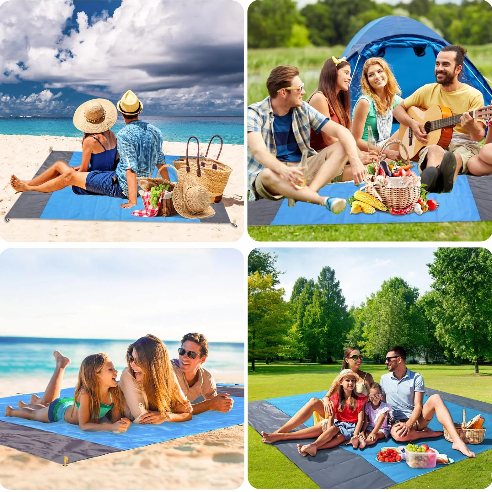 Koc plażowy, 210 x 200 cm, wodoszczelny, bez piasku, składany, lekka mata poliestrowa na plażę, kemping i piknik, z kieszenią na sznurek, 4 narożniki do mocowania