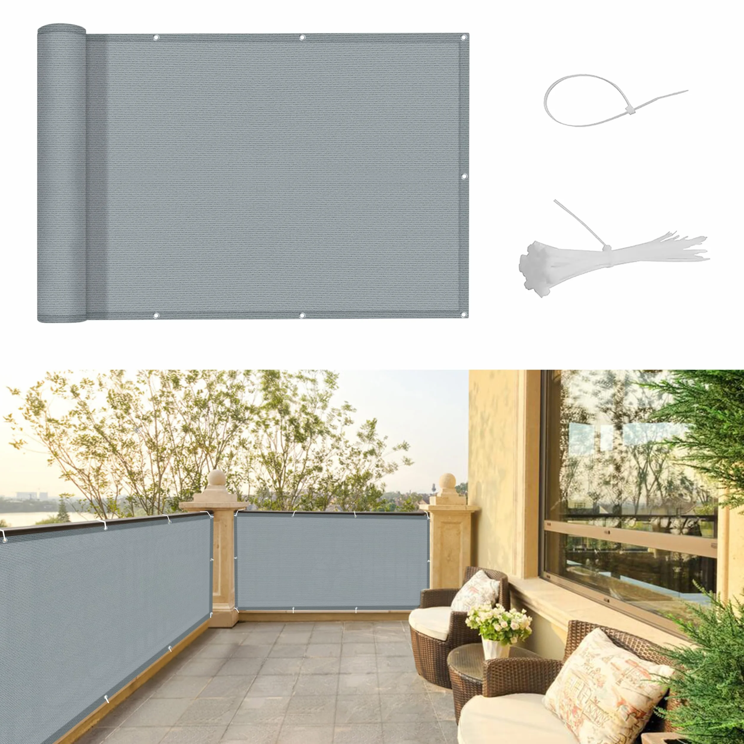 SUNNY GUARD Osłona balkonowa 80x500cm Pokrycie balkonowe HDPE Ochrona UV Pokrycie balkonowe szyby przedniej, z wiązaniem kablowym, Jasnoszary