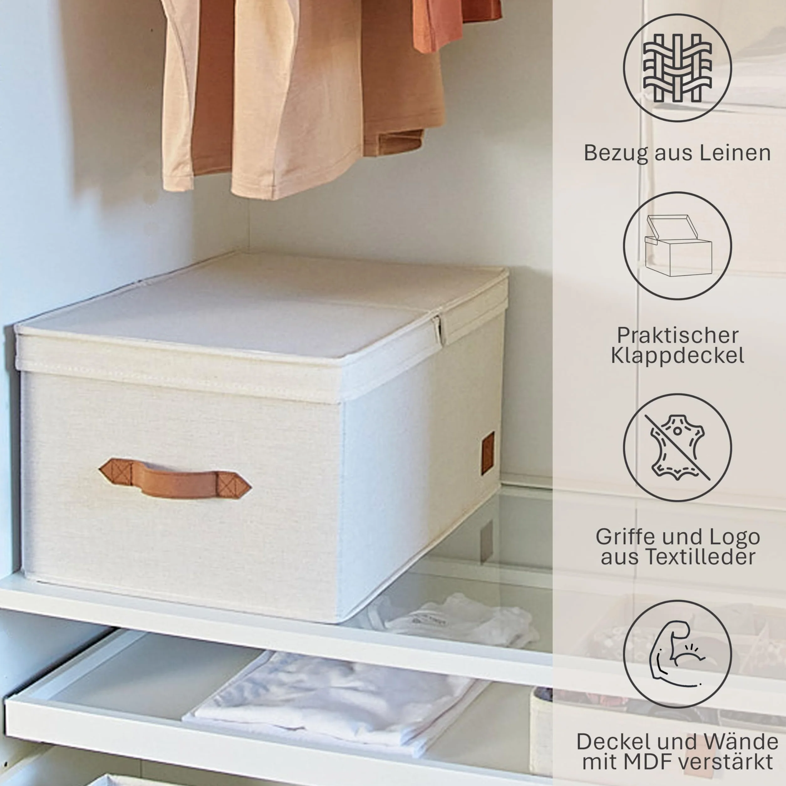 LOVE IT STORE IT Premium pudełko do przechowywania z pokrywką – z lnu i bawełny – wzmocnione drewnem – duże i stabilne – beżowe – 50 x 33 x 24 cm