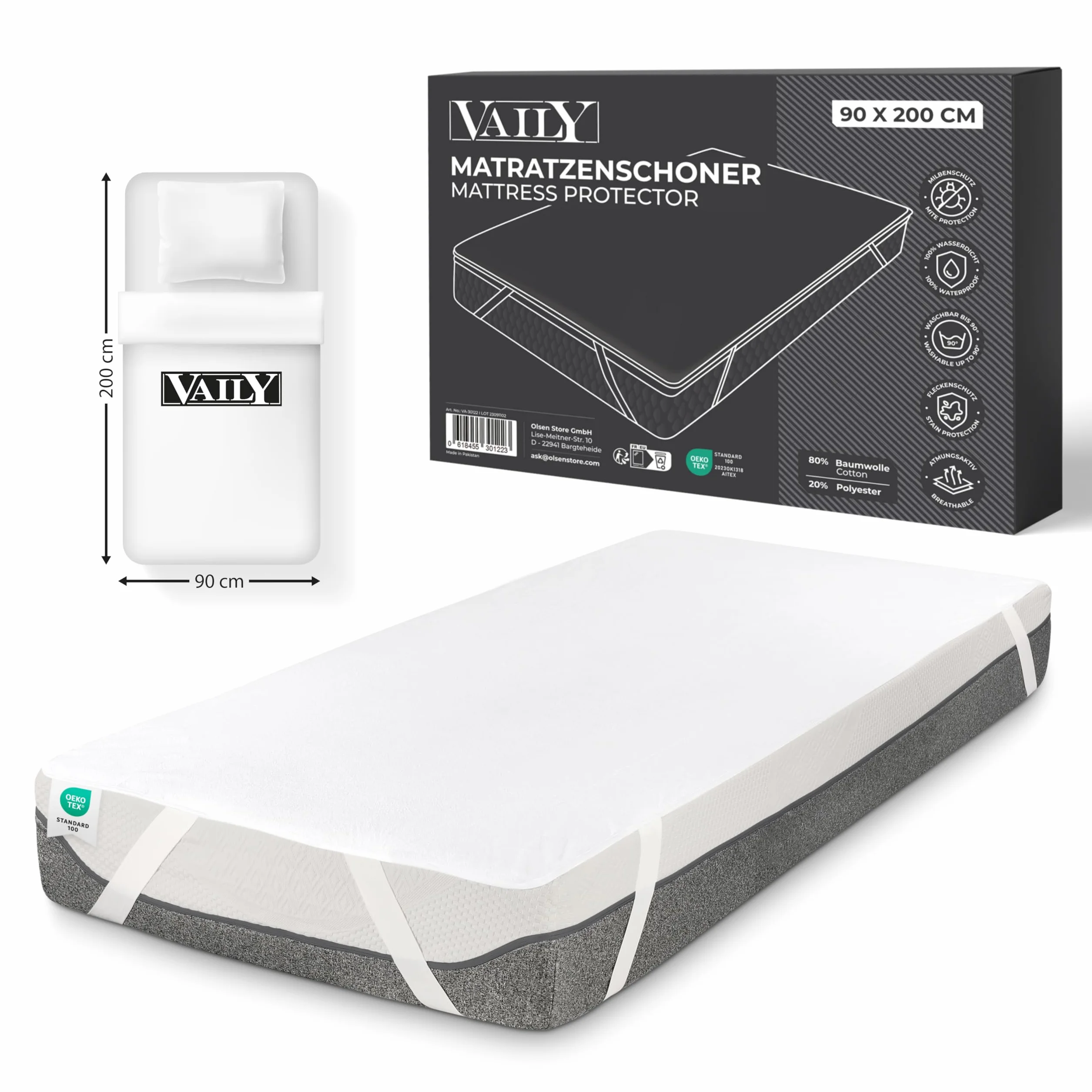 Vaily Ochraniacz na materac 90 x 200 cm – ochrona materaca z certyfikatem Oeko-Tex, wodoszczelna i nadająca się do prania nakładka na materac – oddychająca ochrona przed wilgocią