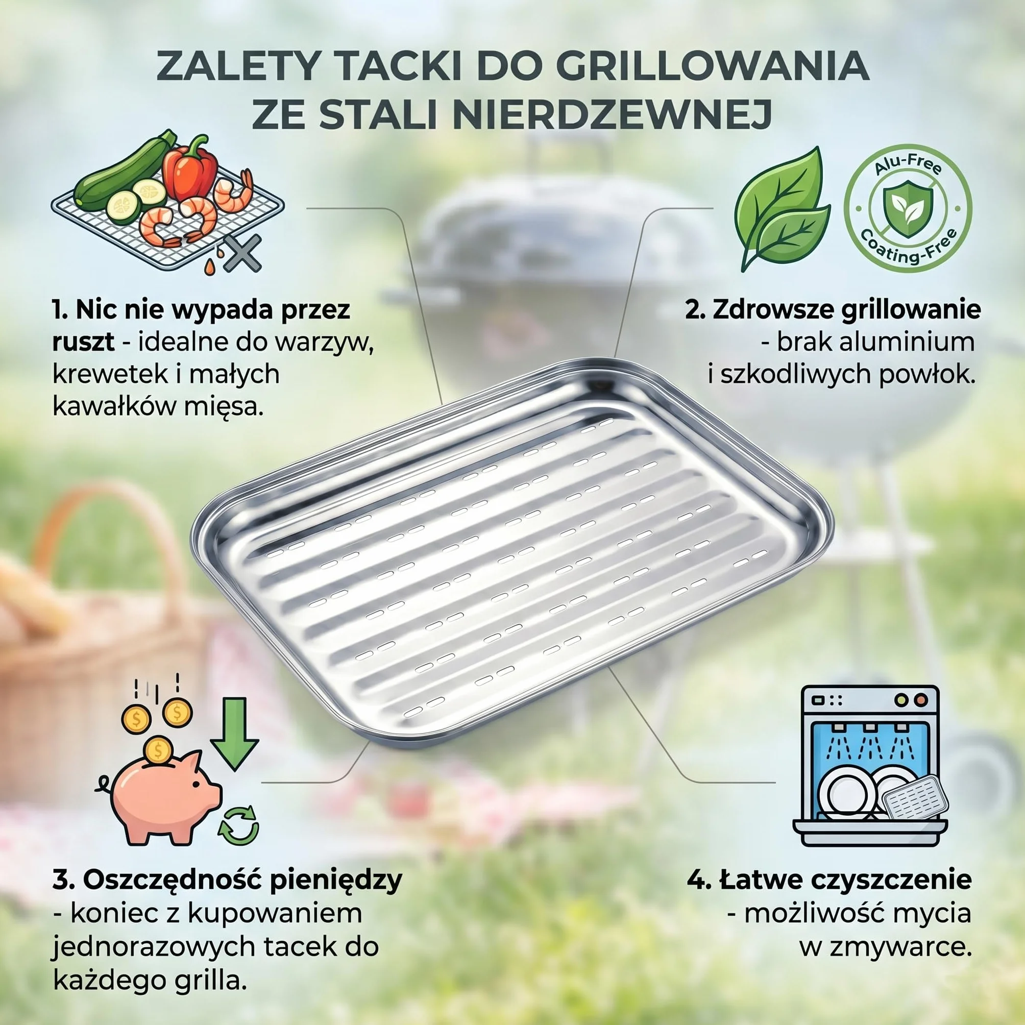 Wielorazowa Tacka do Grilla ze Stali Nierdzewnej 34,7x24,6 cm - metalowa taca do grillowania warzyw, mięs i ryb - do grilla gazowego i węglowego