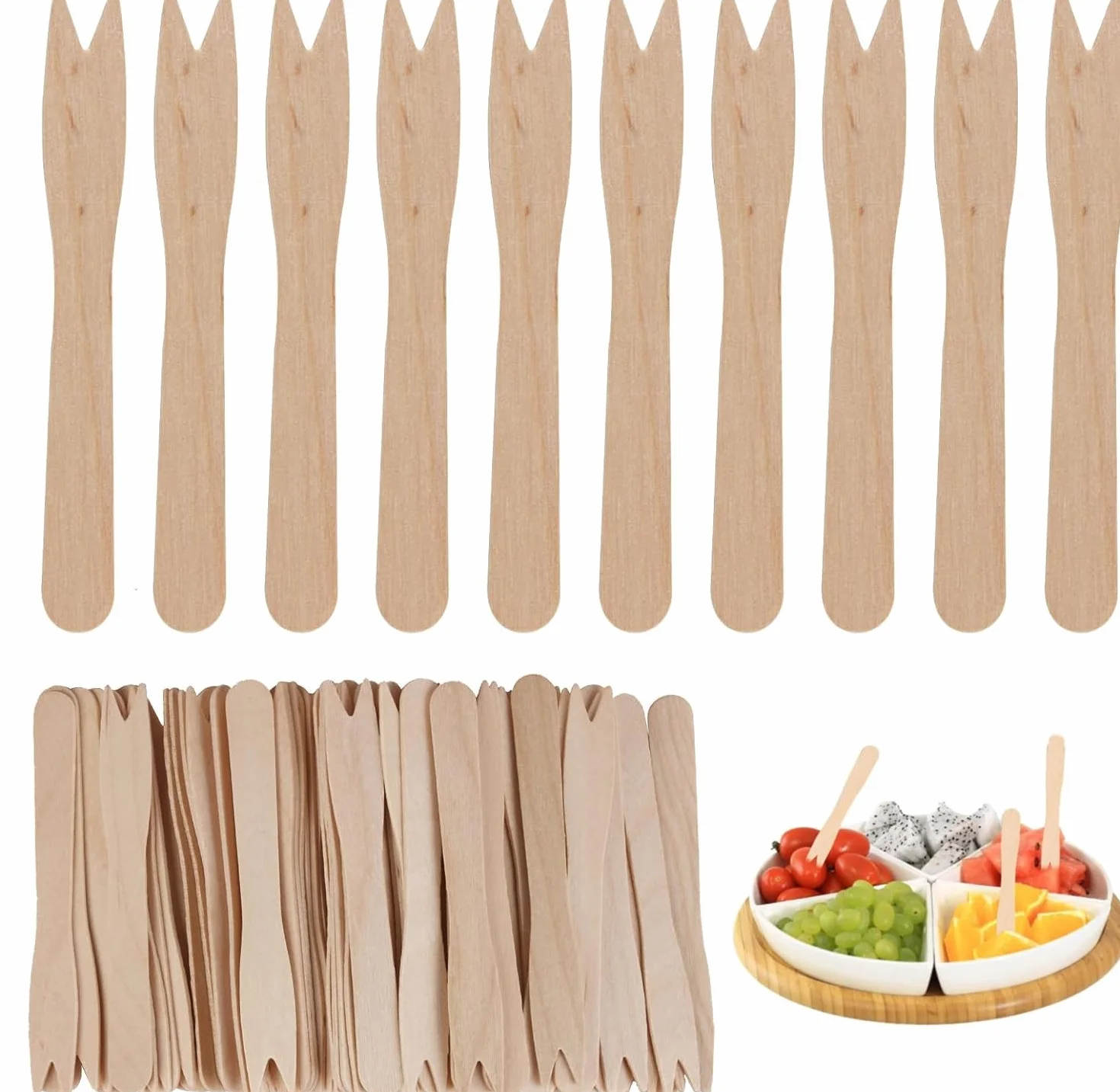 200 sztuk drewnianych widelców do frytek, bambusowy widelec, widelce do owoców, widelce koktajlowe, drewniane sztućce na imprezy, kemping, podróże i grill 8,5 cm