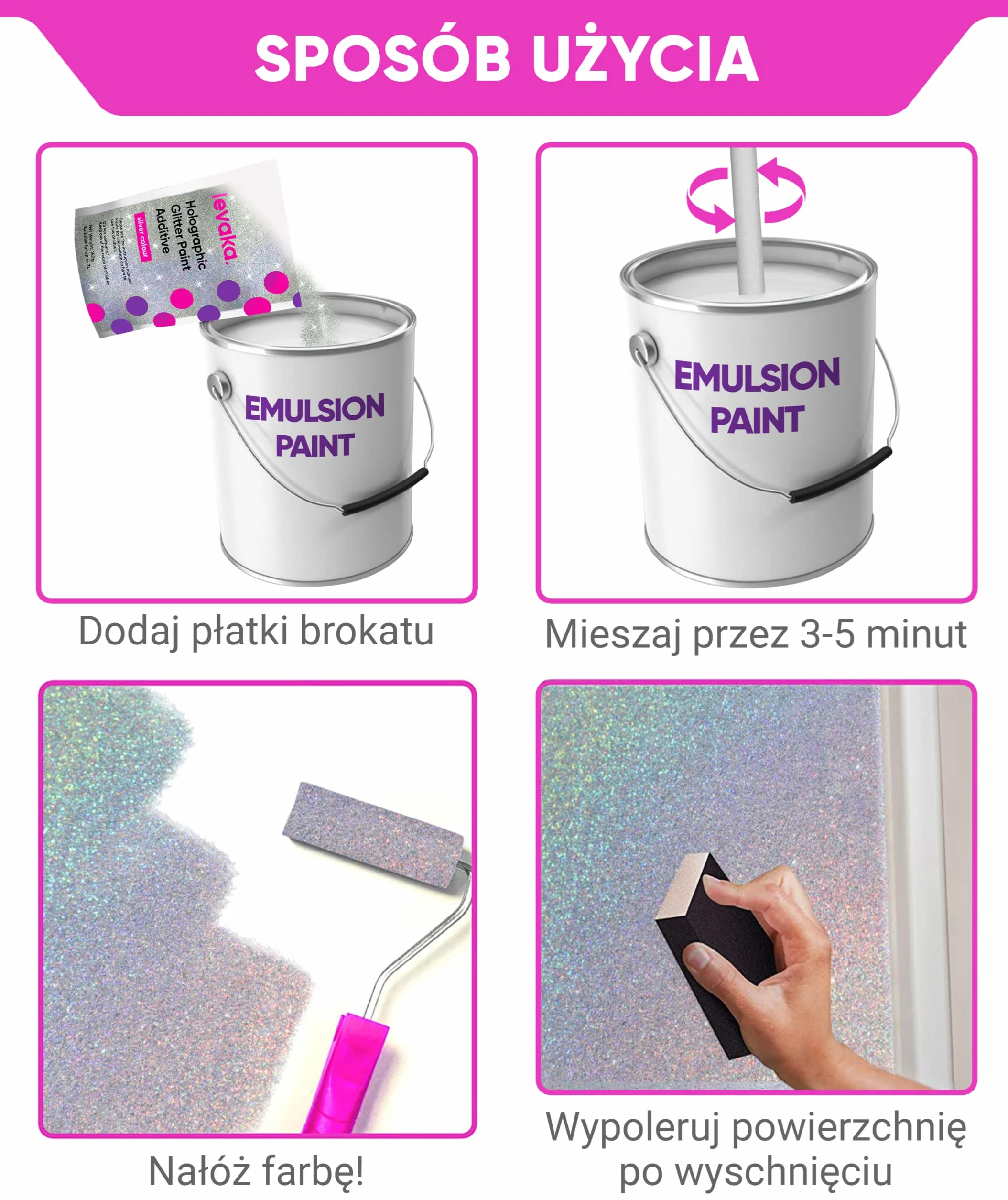 400g Holograficzny Srebrny Brokat do Farby – 2 x Nakładki Polerujące – Brokat do Ścian Mieszalny z Każdym Rodzajem Farby Emulsyjnej – Lśniące Brokatowe Ściany Wewnątrz i na Zewnątrz, Sufity, Drewno