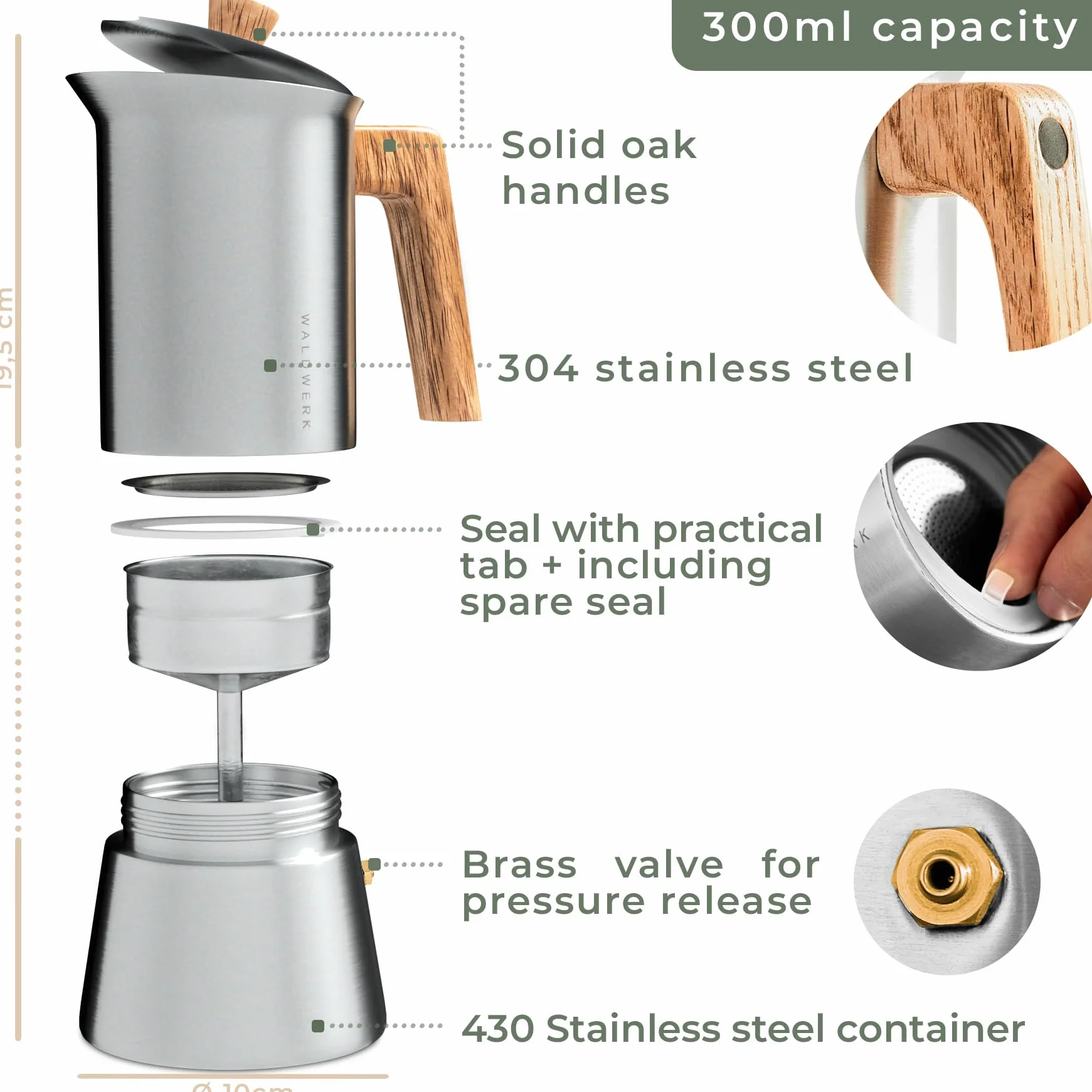 WALDWERK Ekspres do espresso (300 ml) – kompatybilny ze wszystkimi rodzajami płyt kuchennych – ekspres do kawy z zamszu ze stali nierdzewnej z uchwytem z prawdziwego dębu