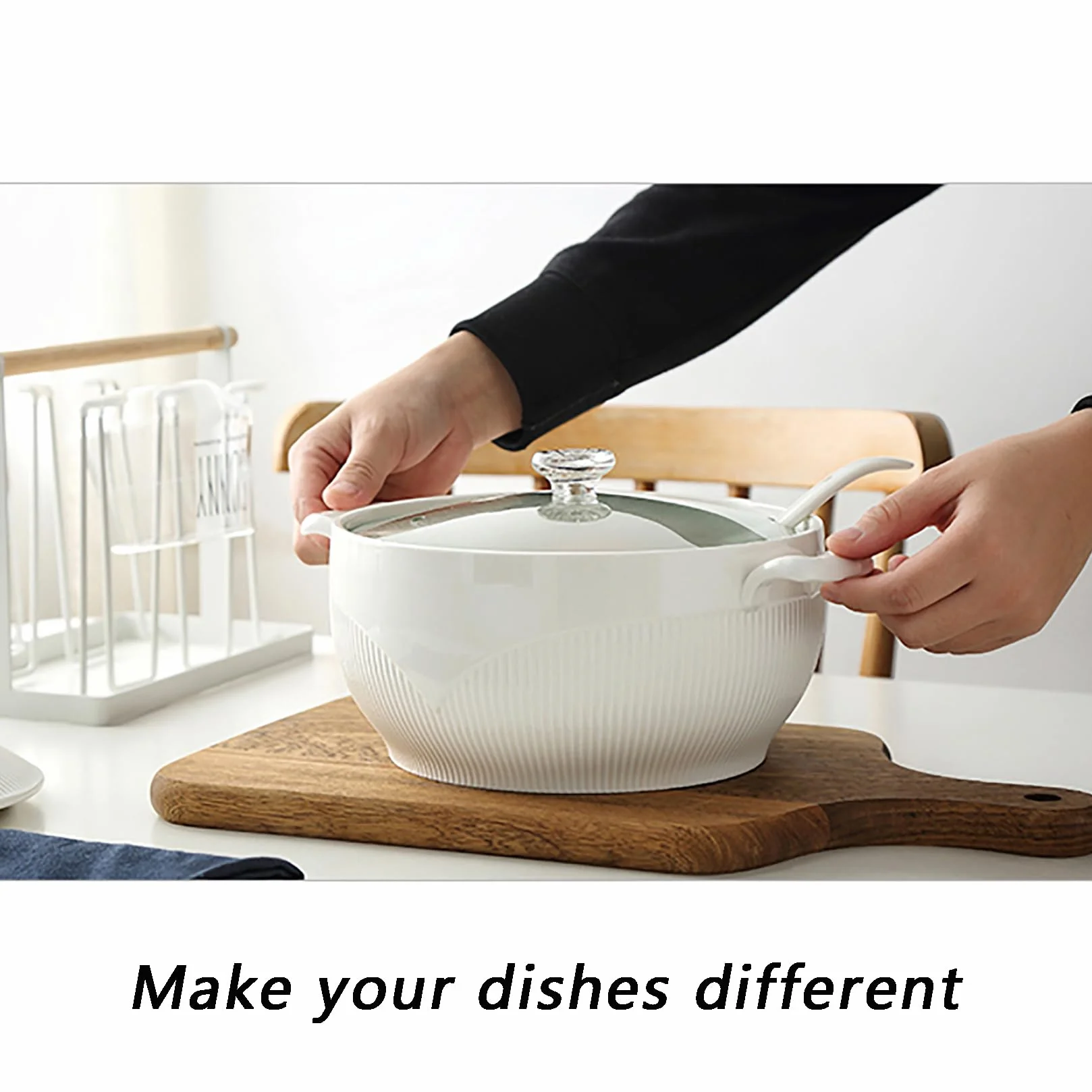 Waza do zupy ze szklaną pokrywką i łyżką, miska do zupy porcelanowej do serwowania stołów kuchennych,White,L