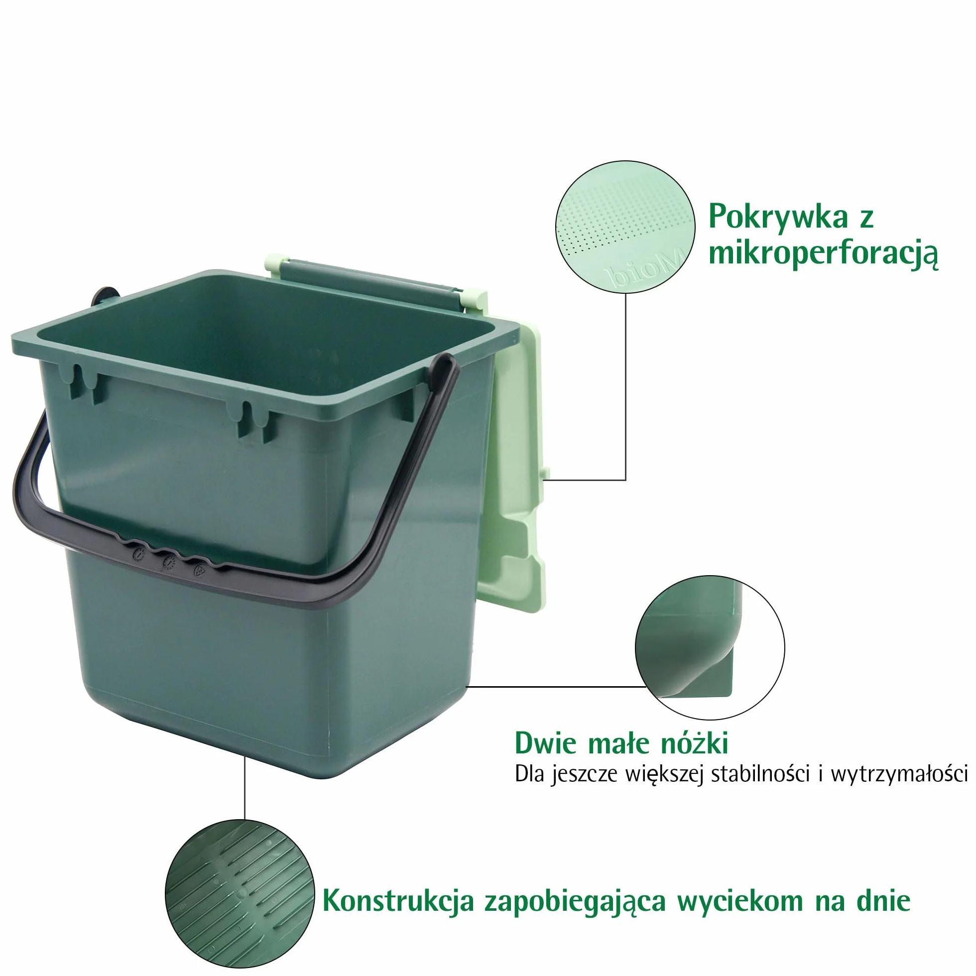 bioMat AirBox® Kosz na Odpady Organiczne do Kuchni, Worki do 10 L, Zamknięty Kompostownik z Perforowaną Pokrywą, Wolnostojący lub Montowalny, Zielony