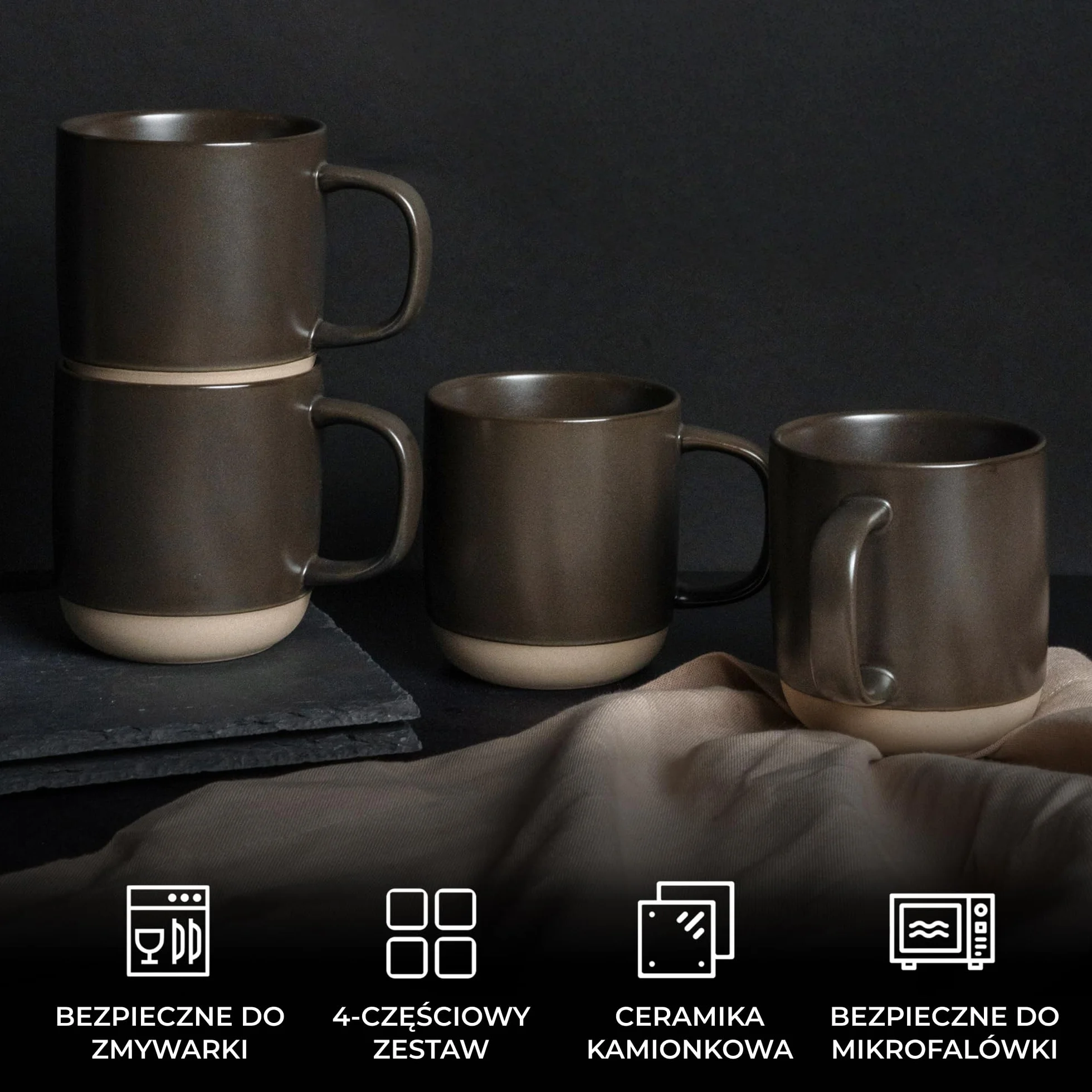 MIAMIO – Zestaw 4 Kubków do Kawy/Ceramiczne Filiżanki na Kawę (500 ml), Cappuccino, Latte Macchiato, Herbatę, Espresso/Można Myć w Zmywarce i Używać – Kolekcja Sierra (Ciemny, Kubki (4x))