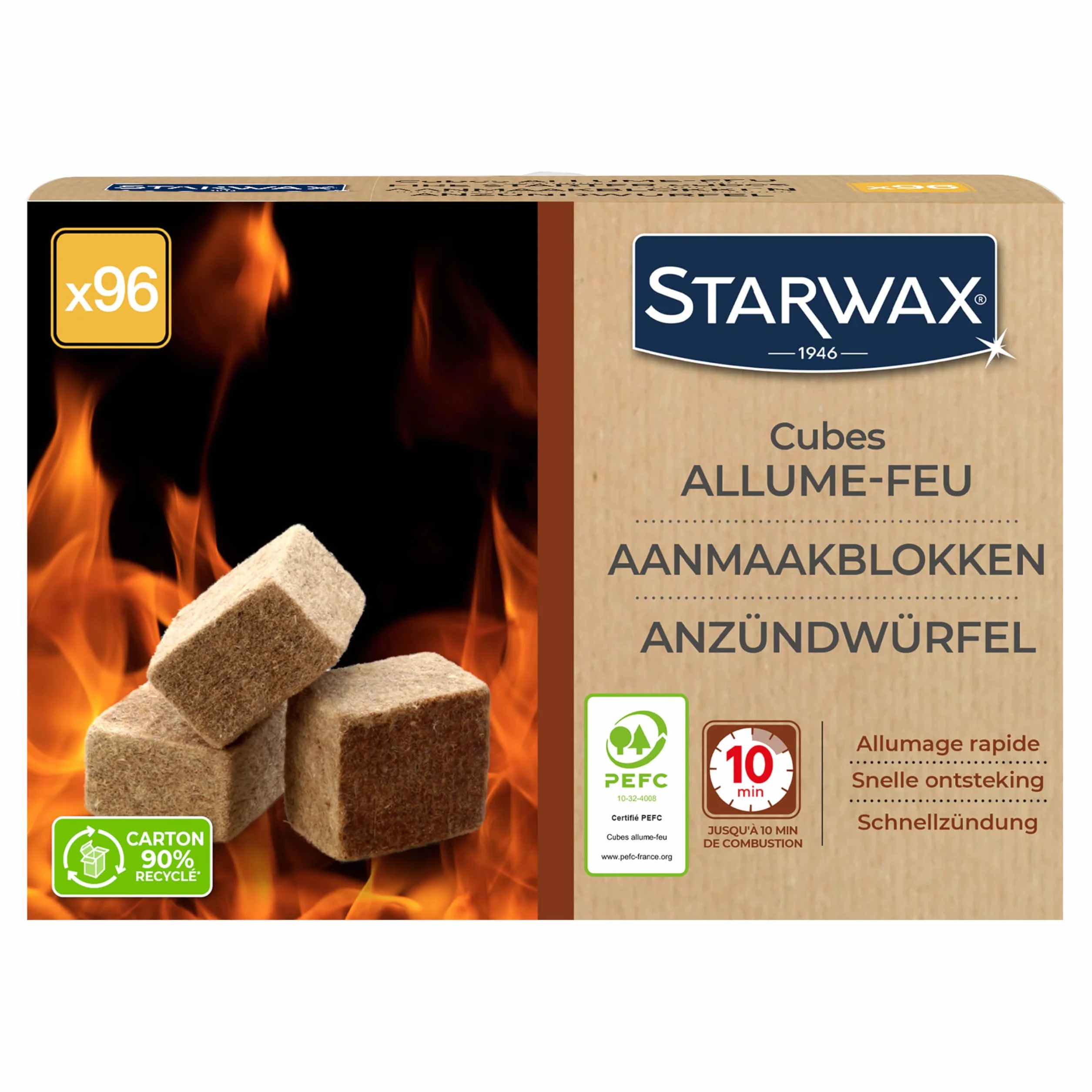 STARWAX - Kostki do rozpalania XXL – czas palenia do 10 min – szybki, czysty i bezzapachowy zapłon – nie wpływa negatywnie na smak potraw – PEFC – opakowanie 96 kostek