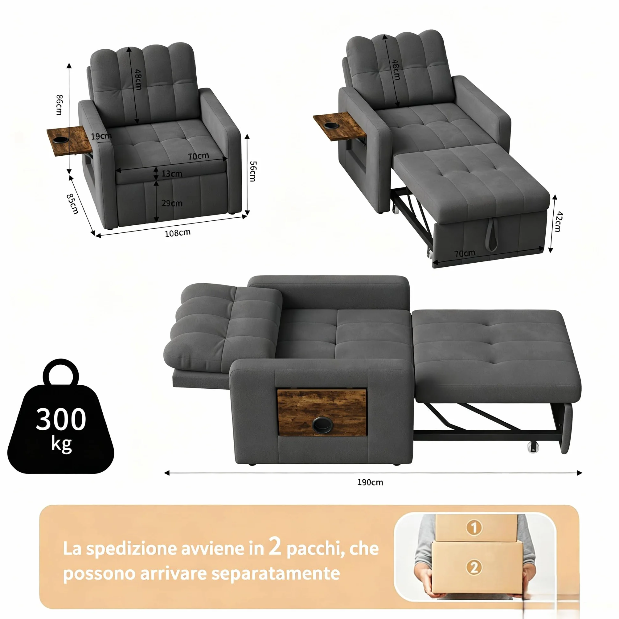 Fotel do spania 3 w 1, konwertowalne krzesło do spania z funkcją łóżka, rozkładana sofa ze składanymi stolikami do herbaty, pojedyncza sofa do spania, regulowany fotel z poduszką (szary, 190 x 108 x