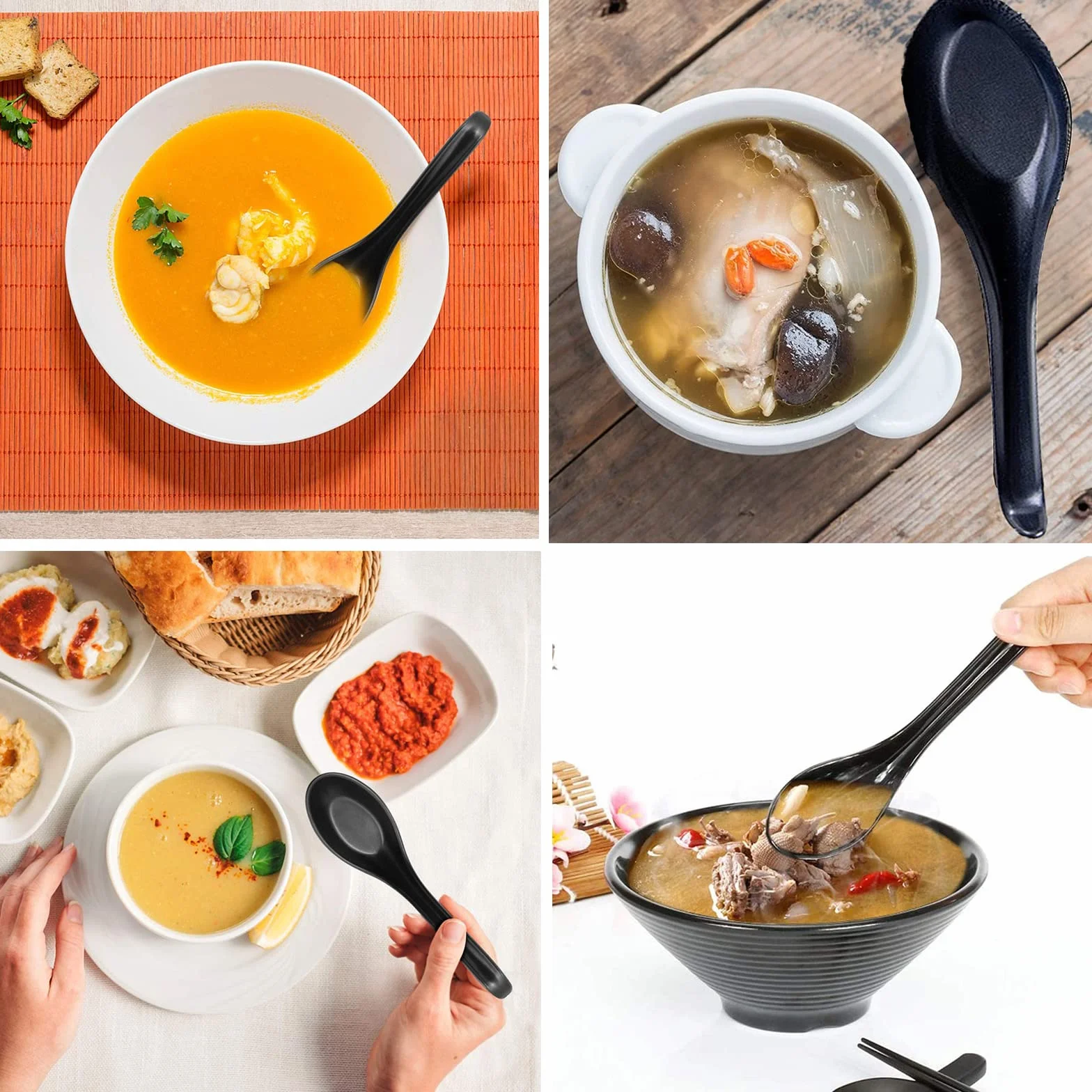 Japońskie łyżki do ramen melaminowe 16,5 cm z długim uchwytem i haczykiem, okrągłe dno, zestaw 6 sztuk (biały+czarny)