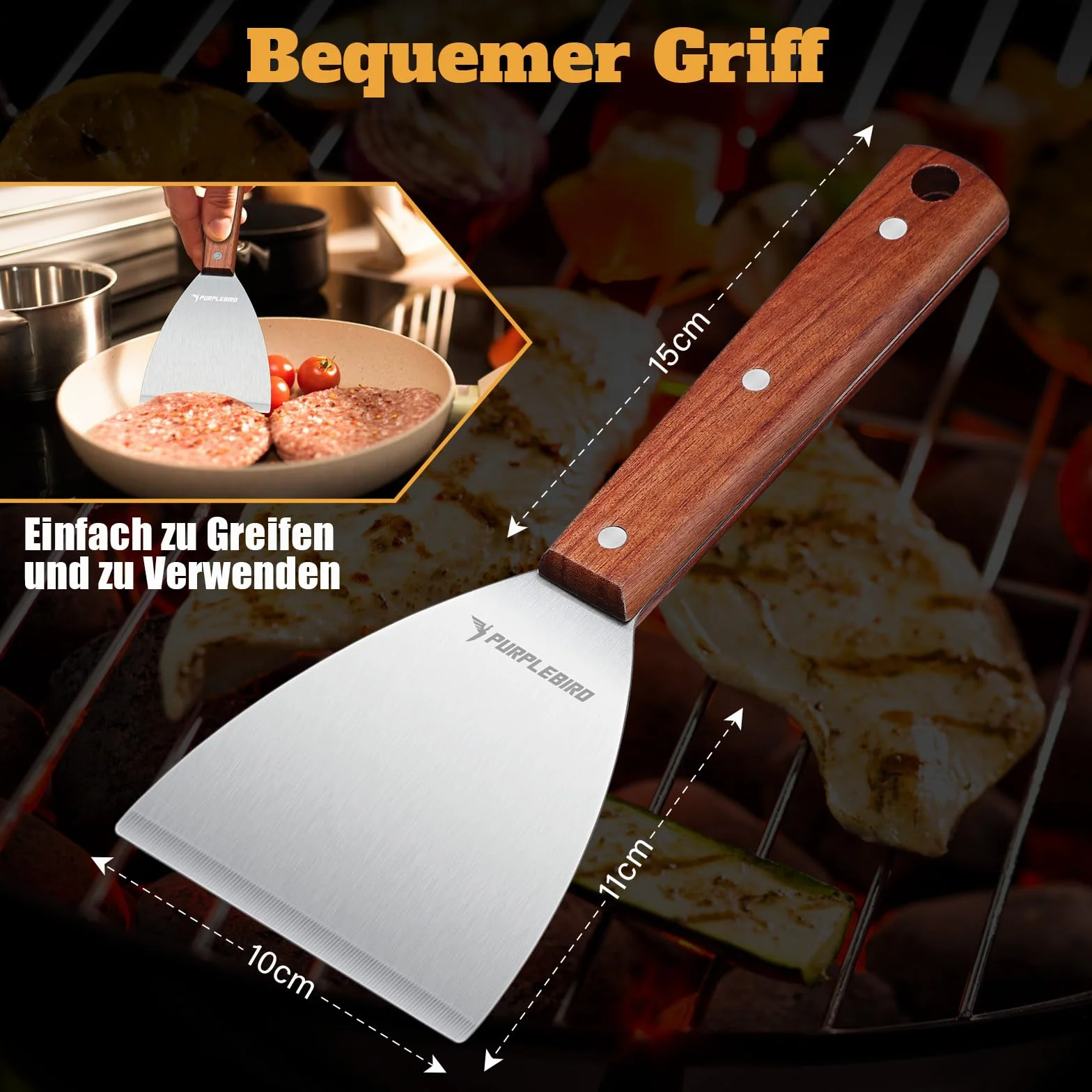 PURPLEBIRD Zestaw szpatułek do grilla ze stali nierdzewnej, zestaw szpatułek Plancha z dużą łopatką do grilla do smash burgerów, grillowania, prezent dla mężczyzn