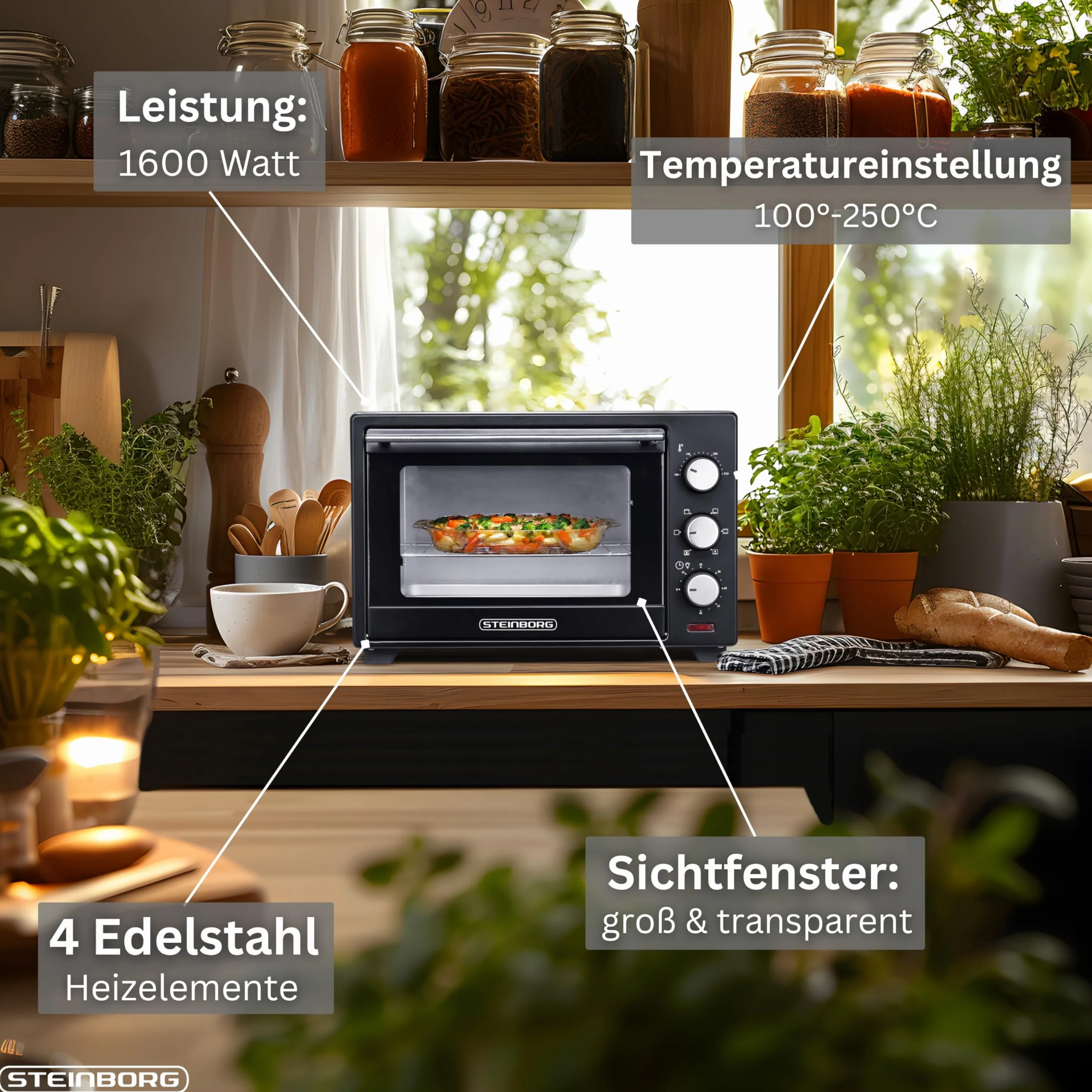Steinborg mini piekarnik z termoobiegiem 1600 W 25 litrów piec do pizzy