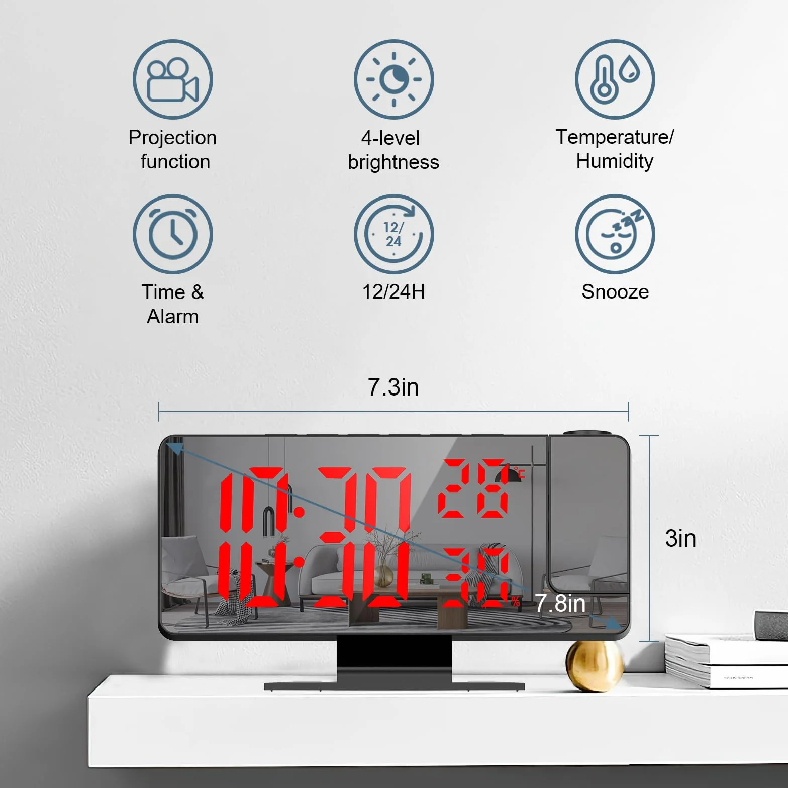 Cyfrowy budzik z projektorem, temperatura i wilgotność, zegar LED, elektroniczny zegar stołowy, budzik podróżny, regulowana jasność, wyświetlacz 12/24h, zegar cyfrowy do domu, sypialni, biura