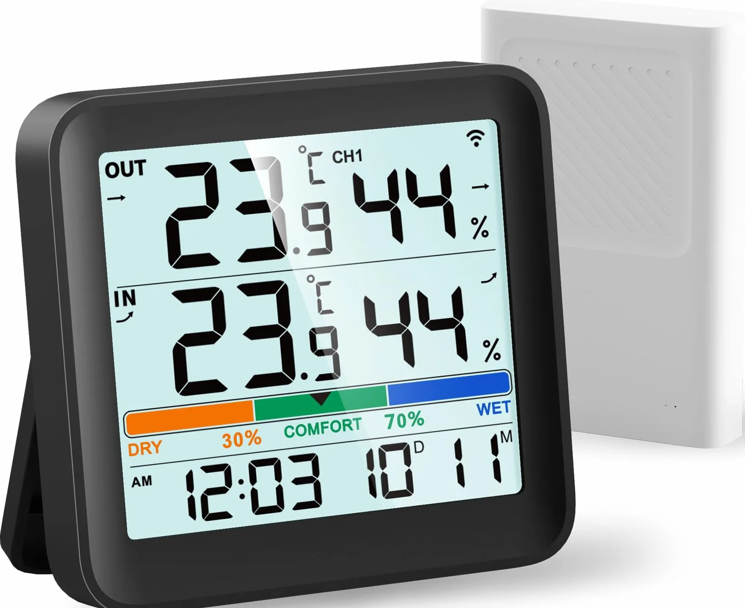 VOCOO Termometr wewnętrzny i zewnętrzny, higrometr, monitor wilgotności powietrza, cyfrowy miernik temperatury, stacja pogodowa z podświetleniem LCD, zegar, data, min/maks, wskaźnik komfortu