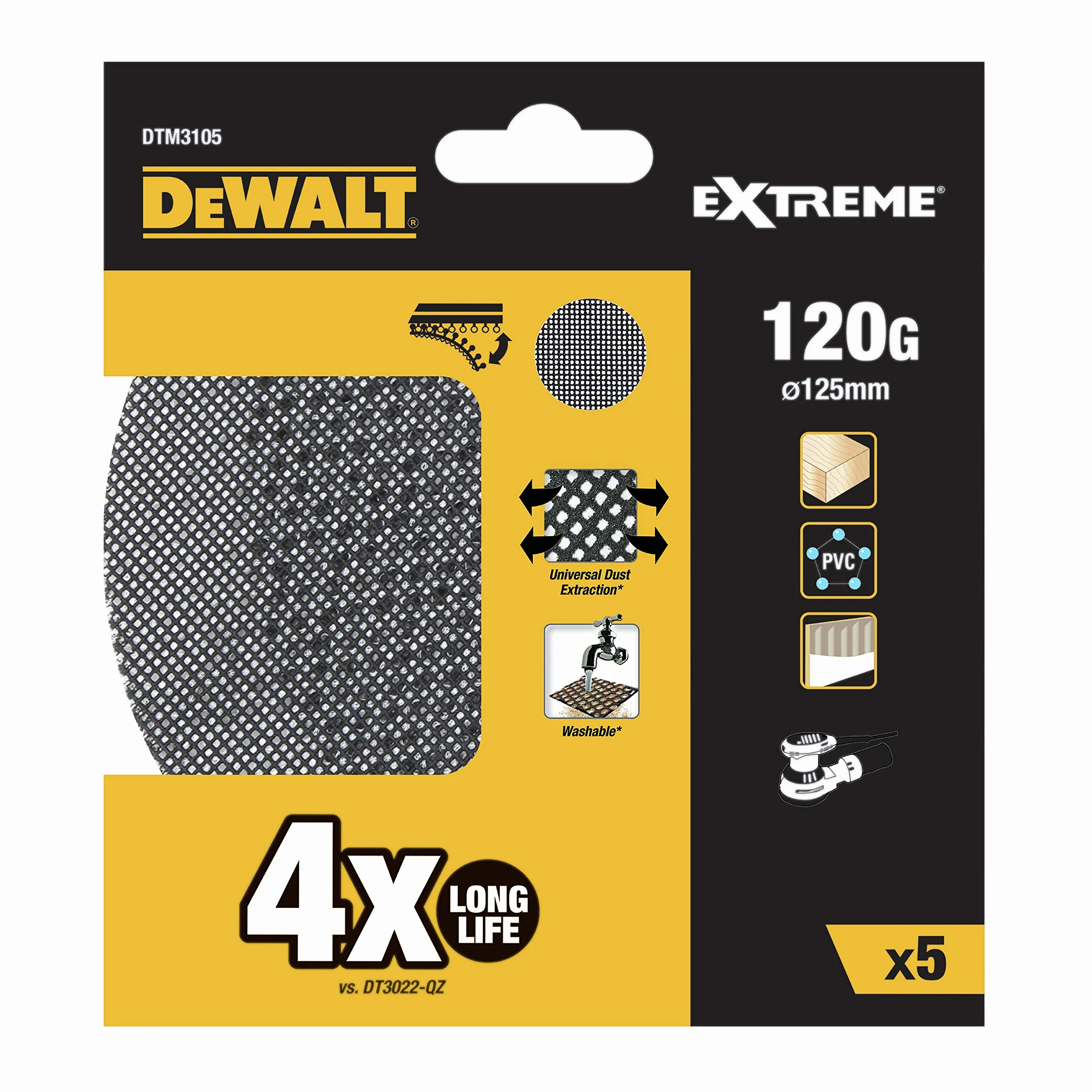 DEWALT Kratka szlifierska Extreme (ziarnistość 120, 125 mm Ø, z rzepem, do stosowania na szlifierkach mimośrodowych, 5 sztuk) DTM3105