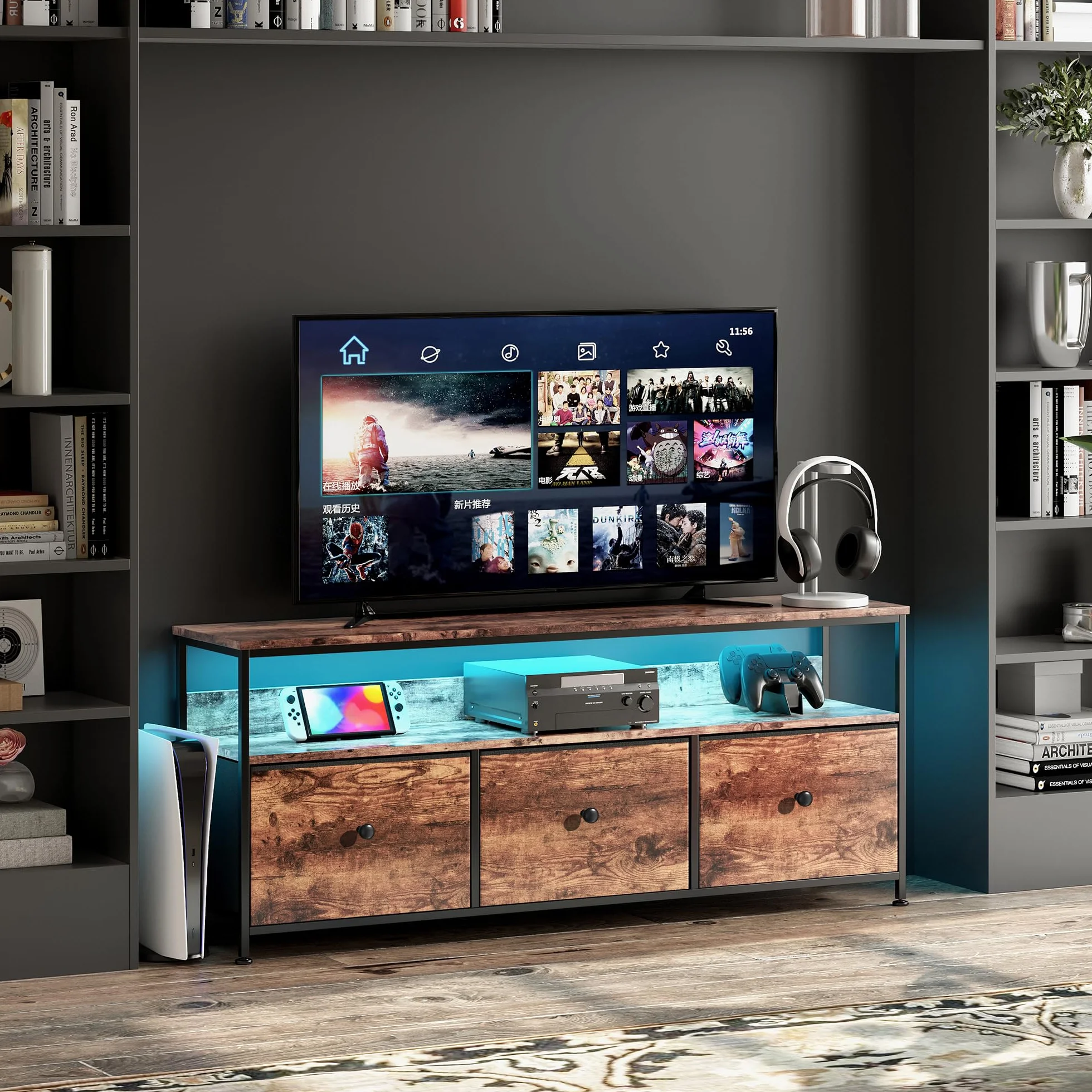 Szafka pod telewizor z diodami LED, stolik pod telewizor z 3 szufladami i 3 otwartymi półkami, niska szafka z 3 wyjmowanymi szufladami z materiału, szafka wielofunkcyjna (szuflada z